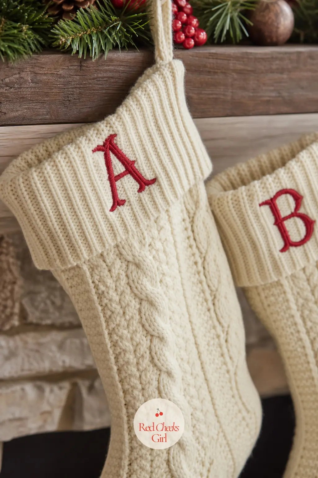 Embroidered Wool Stockings Personalized With Initials — Cream wool stockings with a single embroidered initial in red thread feel like something handed down