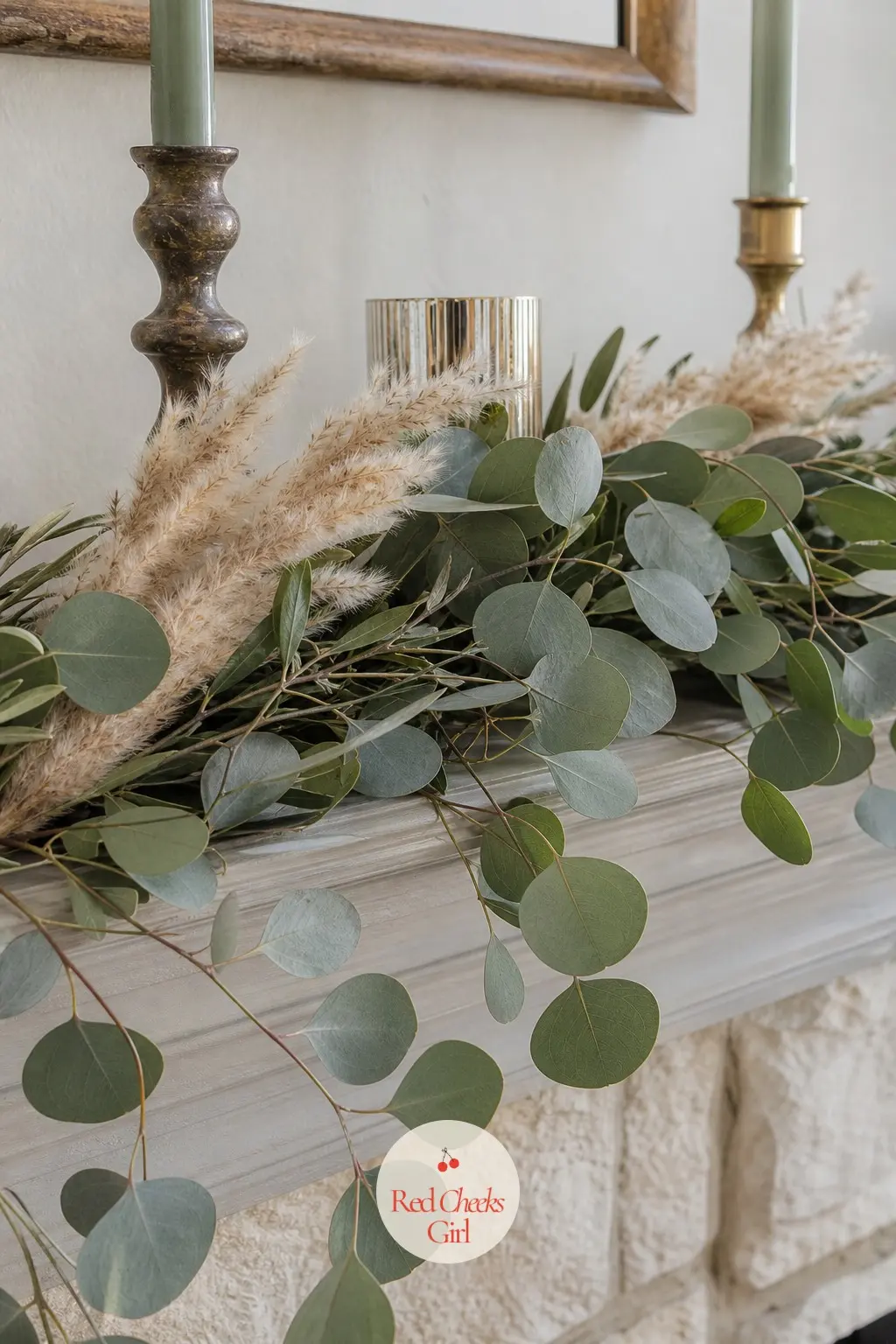 A Eucalyptus and Silver Dollar Garland for a Softer Green — Traditional fir is not the only green that photographs well. Christmas mantle decor