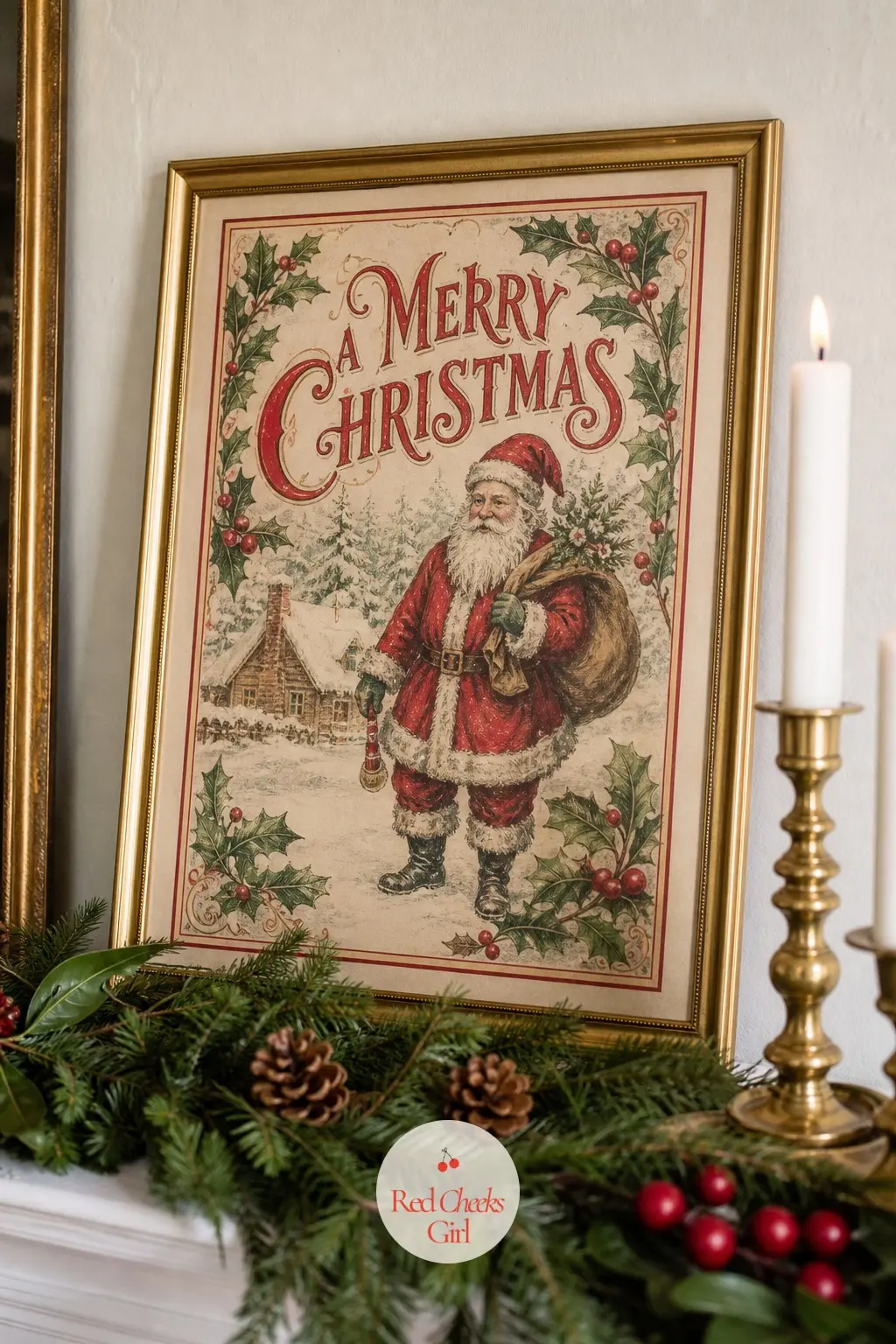 A Framed Vintage-Style Christmas Print Leaned Against the Wall — Leaning a framed print against the wall behind the mantel, rather than hanging it, adds height