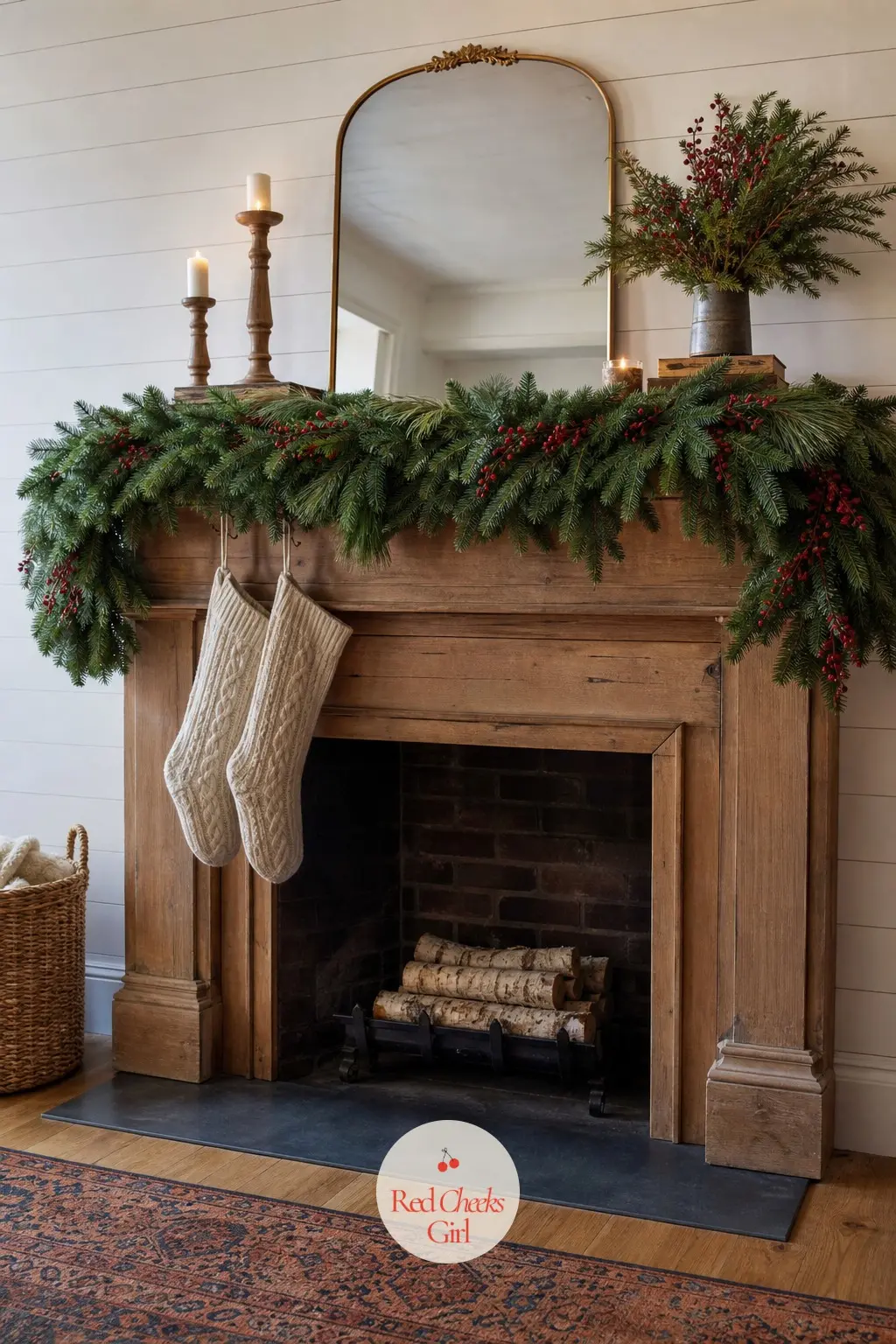 A Fresh Fraser Fir Garland Laid Thick Along the Mantel Edge — Thin garland is the single most common mantel mistake, and the fix costs nothing but more