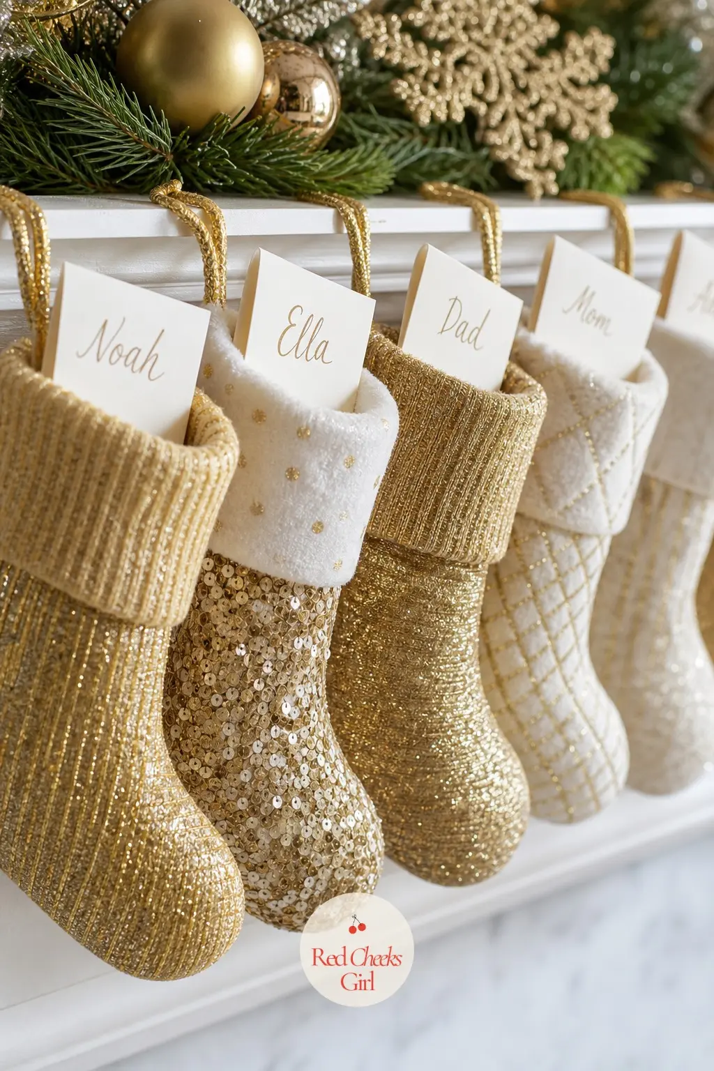 A Line of Mini Stockings for Place Cards or Treats — Miniature stockings in gold and white, each barely the size of a hand, line up along the mantel edge
