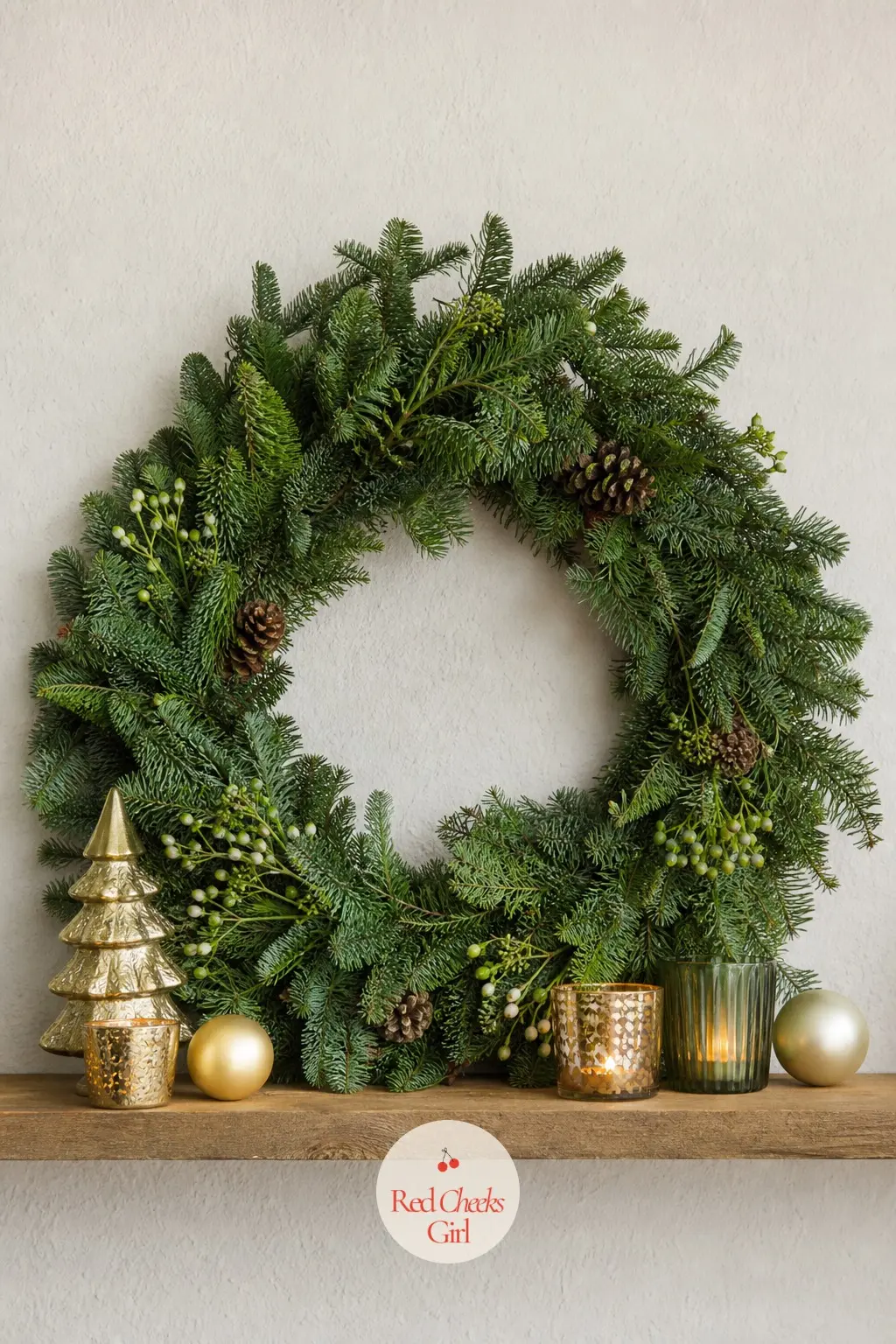 A Narrow Floating Shelf Dressed With a Single Statement Wreath Leaned Flat — A narrow ledge cannot carry a thick garland without everything toppling forward