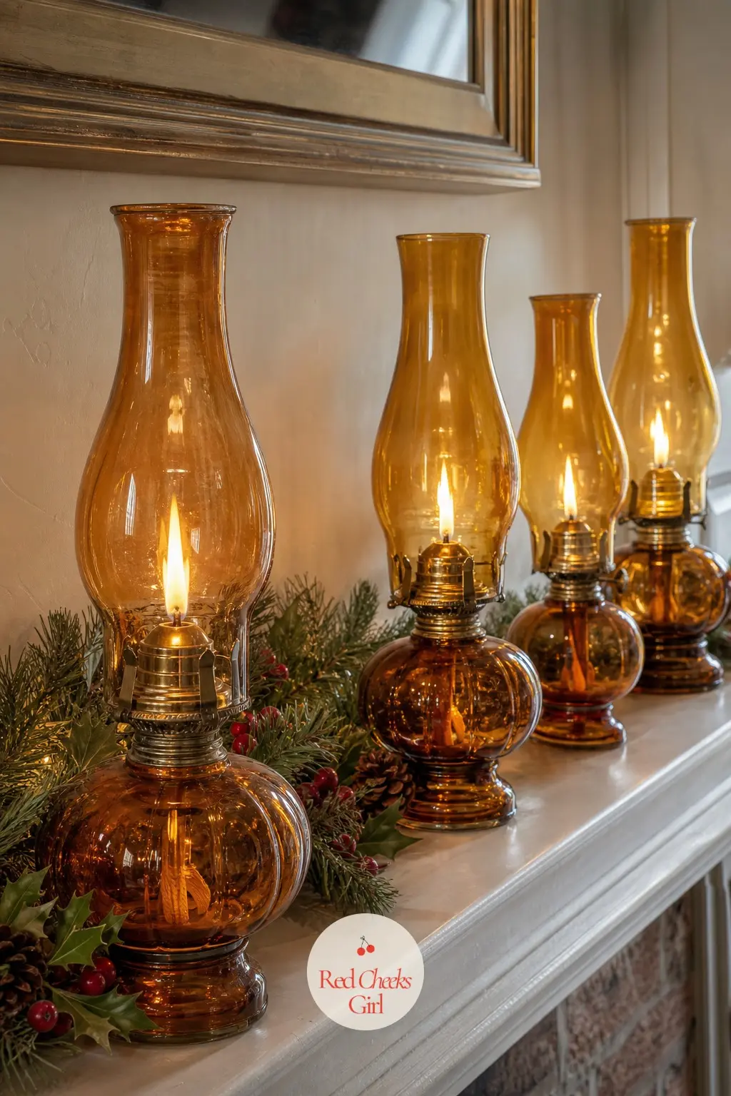 A Row of Amber Glass Oil Lamps Spaced Along the Shelf — Oil lamps burn longer and steadier than most candles, which matters for a party that runs past