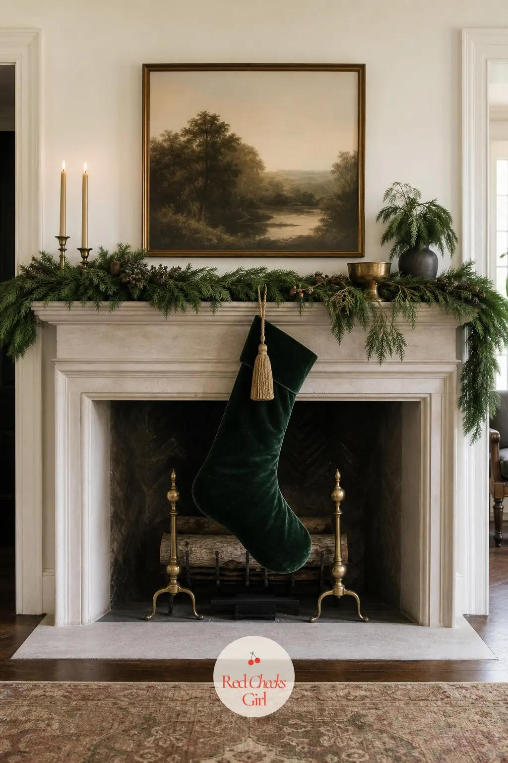 A Single Oversized Stocking Centered as the Mantel's Anchor — One deep green velvet stocking, twice the usual size, hung dead centre does more visual work than