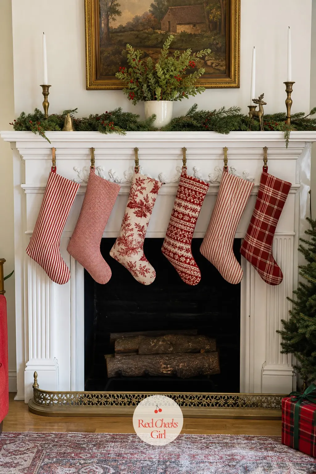 Stockings Clipped to the Mantel With Vintage Brass Pegs — Old-fashioned brass clothes pegs, the kind with a spring hinge, make an unexpected stocking hanger