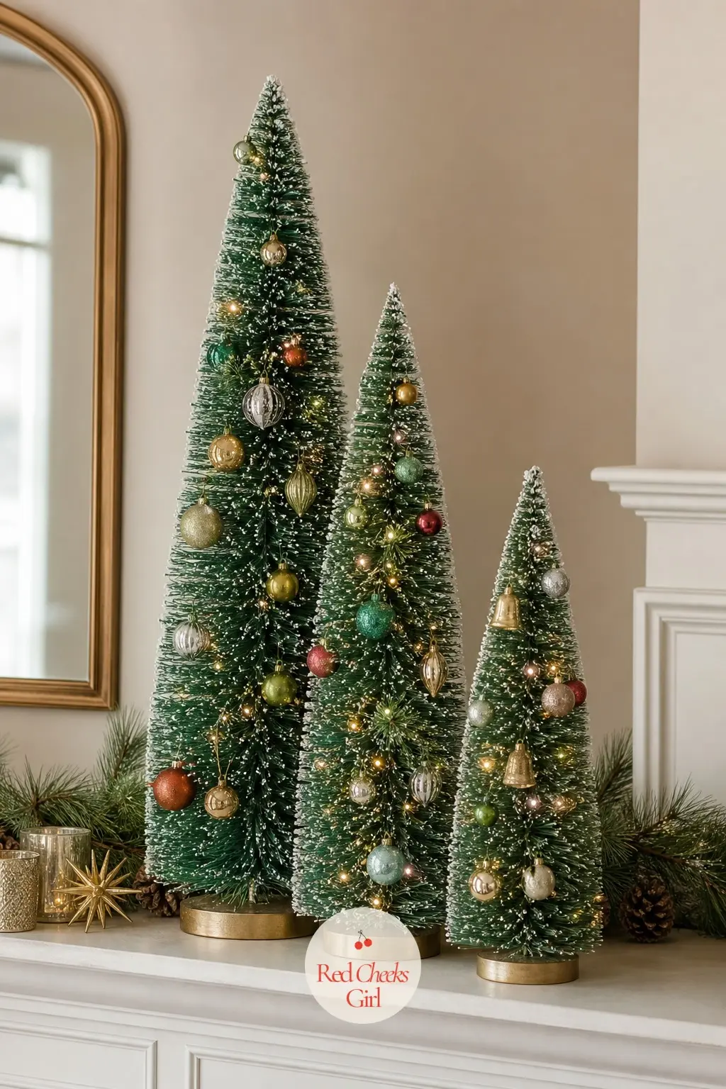 A Trio of Bottle Brush Trees in Graduated Heights — Three bottle brush trees in slightly different heights and shades of green, one with a dusting of white at