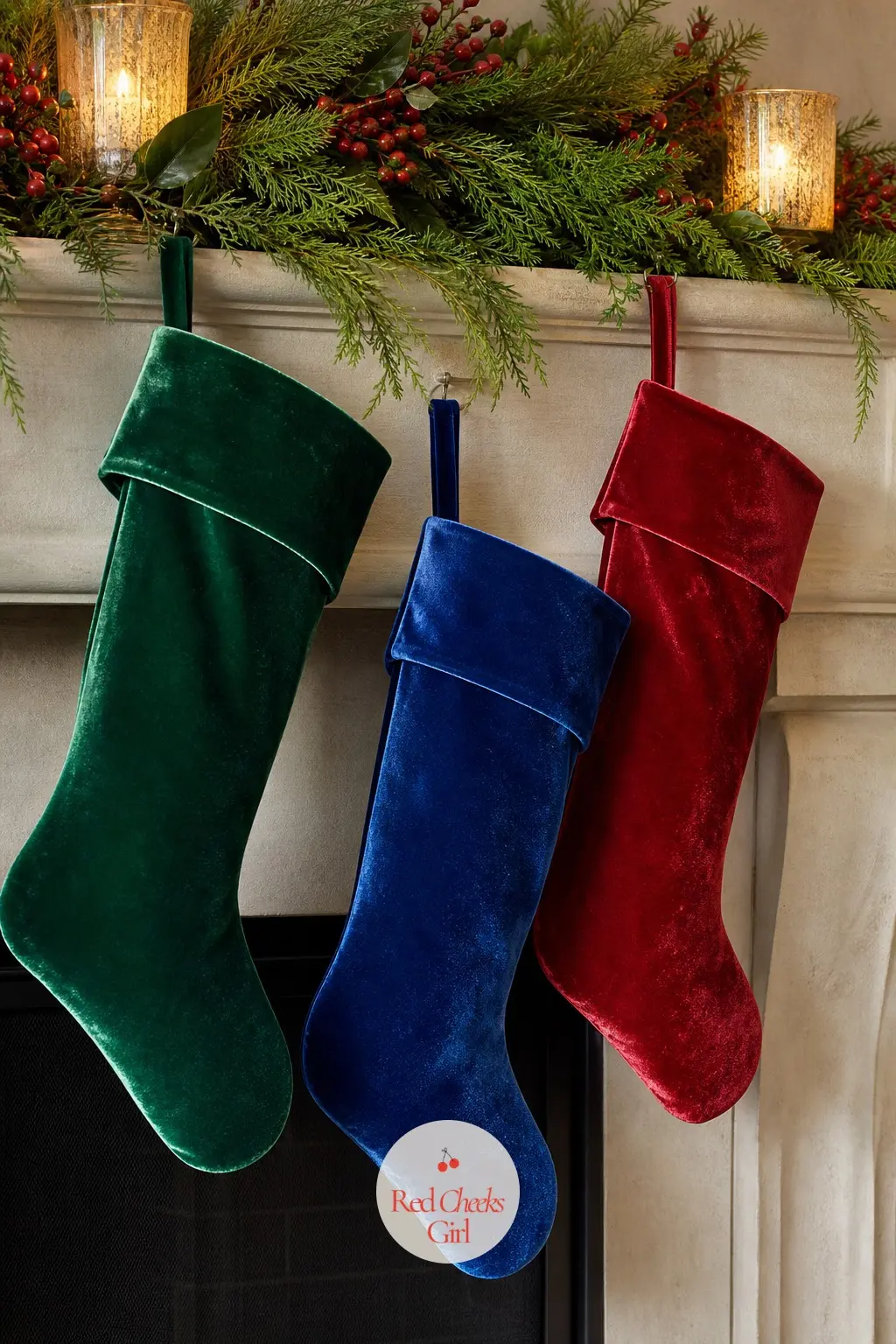 Velvet Stockings in Three Jewel Tones Hung Asymmetrically — Three stockings in emerald, sapphire and ruby velvet look richer than five in the same red, and an