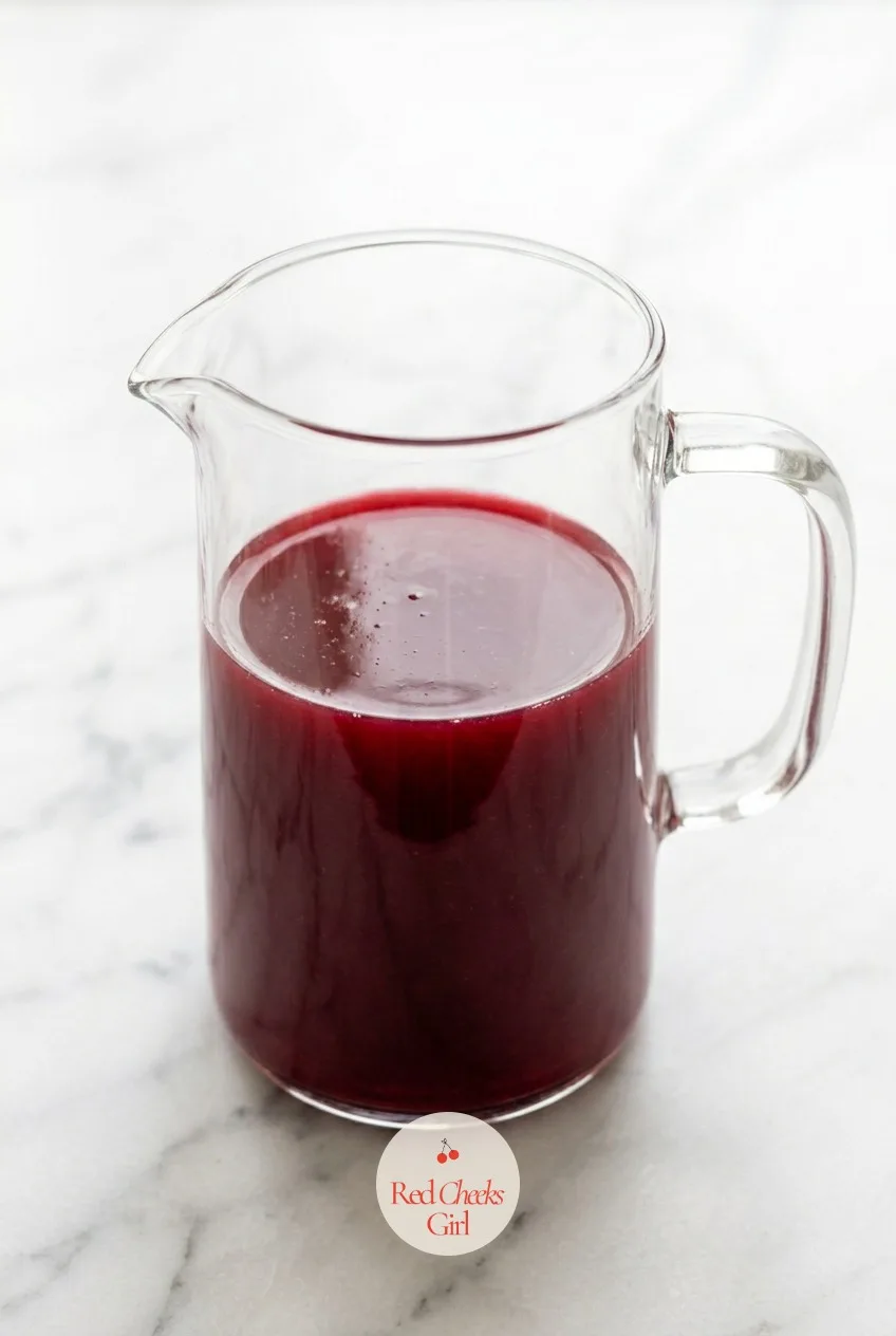 Build the Cranberry Base — Cranberry juice, orange juice and the cooled syrup go into the pitcher together. Christmas mocktail