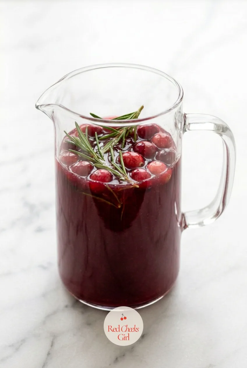 Float the Rosemary and Cranberries — Fresh rosemary sprigs and whole cranberries slide into the chilled pitcher to float near the surface. Christmas mocktail
