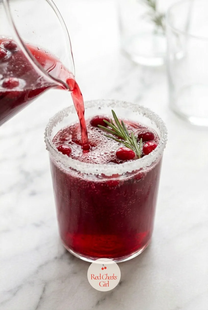 Pour and Serve — The finished mocktail goes straight from pitcher to sugar rimmed glass. Christmas mocktail