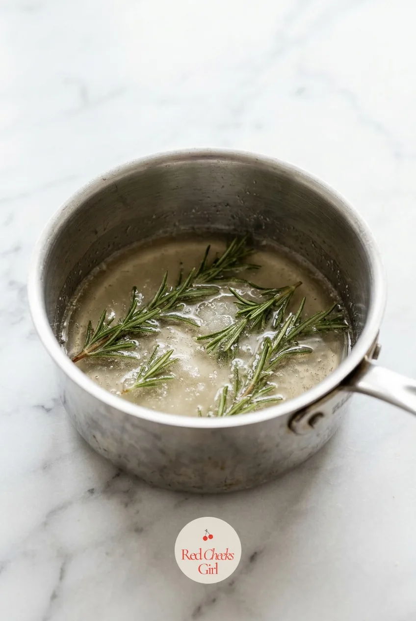 Start the Rosemary Syrup — Sugar, water and rosemary sprigs go into the saucepan together over medium heat. Christmas mocktail