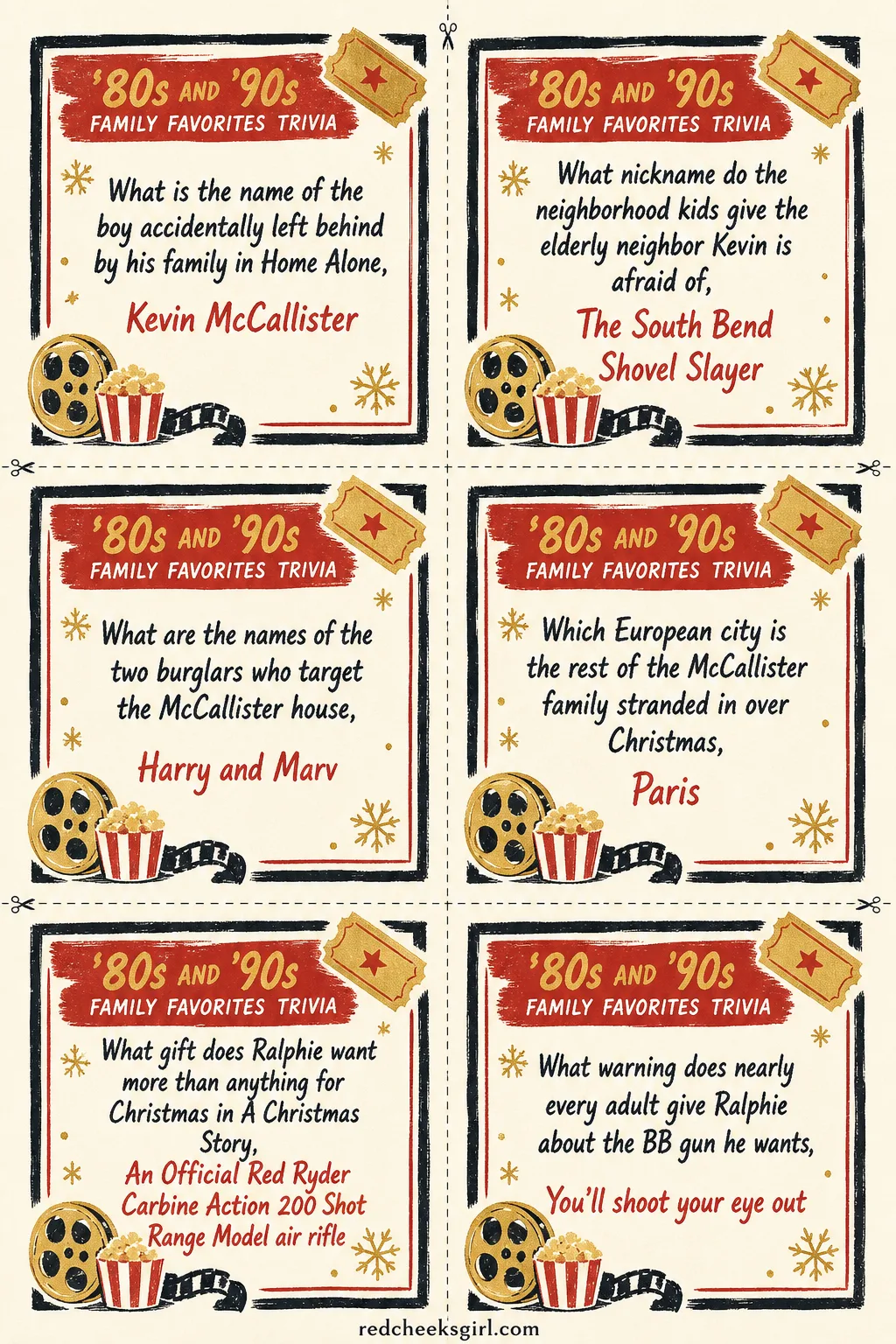 80s and 90s Family Favorites Trivia Cards (Sheet 1) printable sheet. Christmas movie trivia