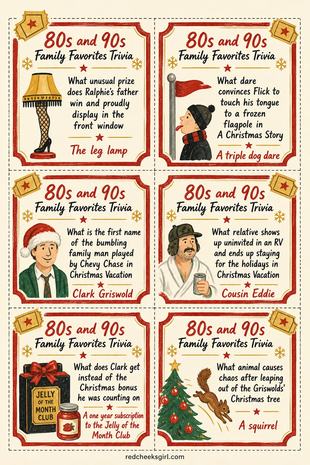 80s and 90s Family Favorites Trivia Cards (Sheet 2) printable sheet. Christmas movie trivia