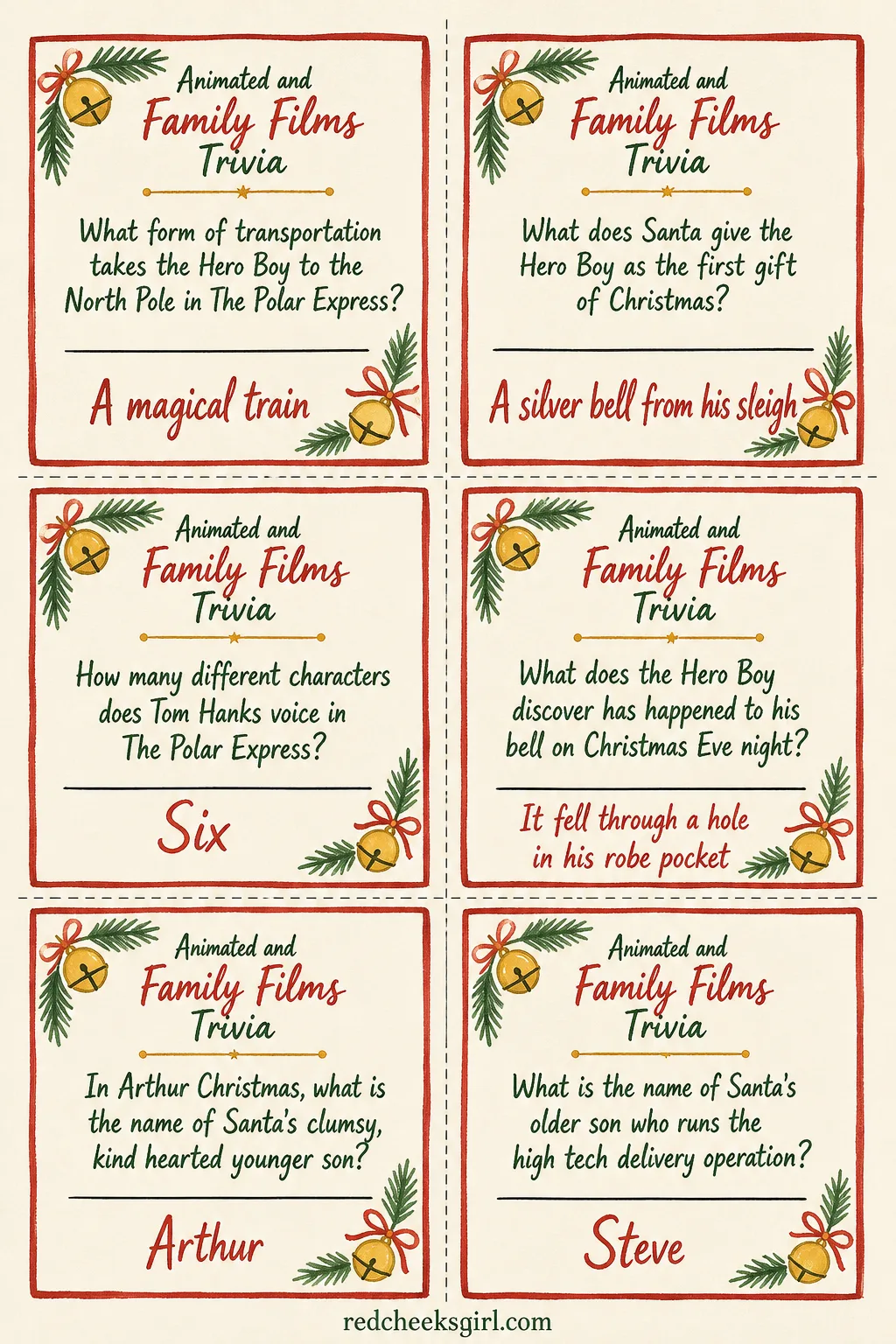 Animated and Family Films Trivia Cards (Sheet 1) printable sheet. Christmas movie trivia