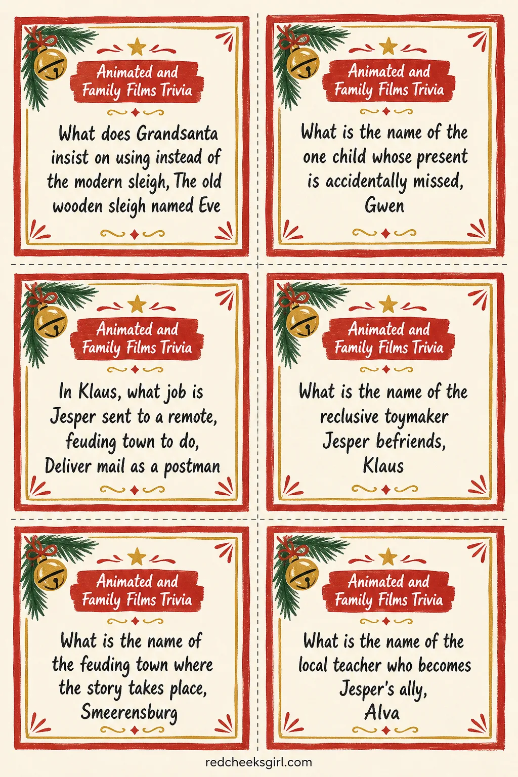 Animated and Family Films Trivia Cards (Sheet 2) printable sheet. Christmas movie trivia