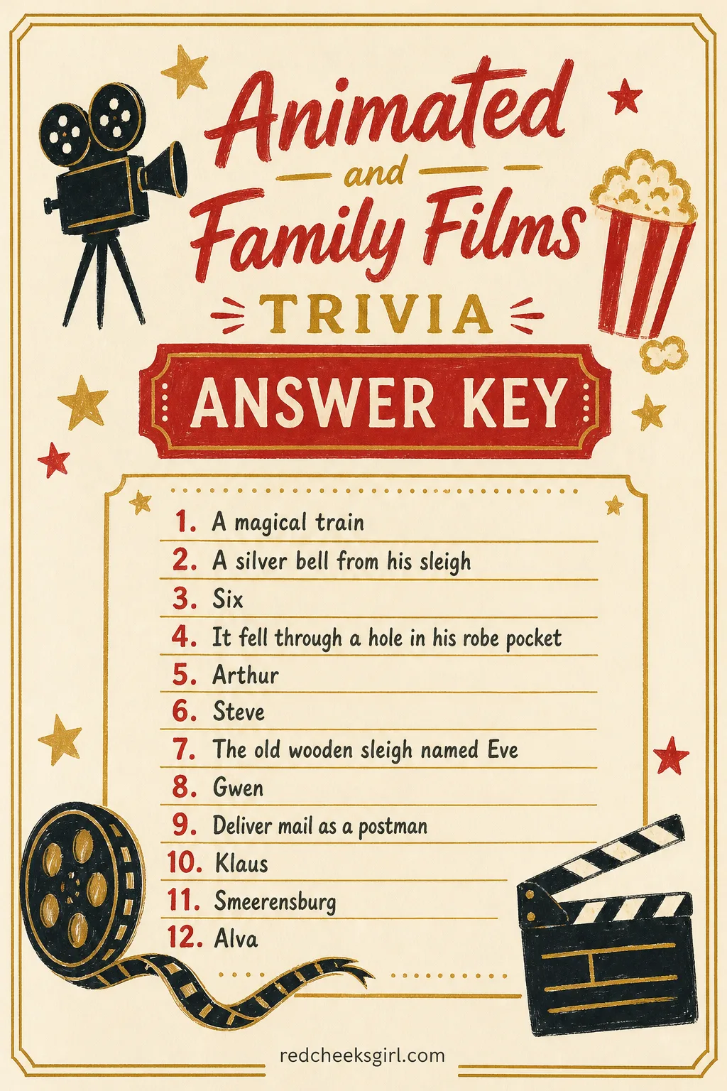 Animated and Family Films Trivia Answer Key printable sheet. Christmas movie trivia