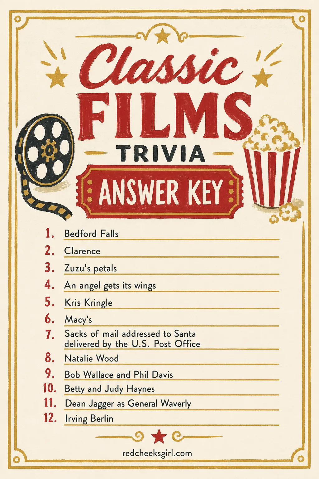 Classic Films Trivia Answer Key printable sheet. Christmas movie trivia