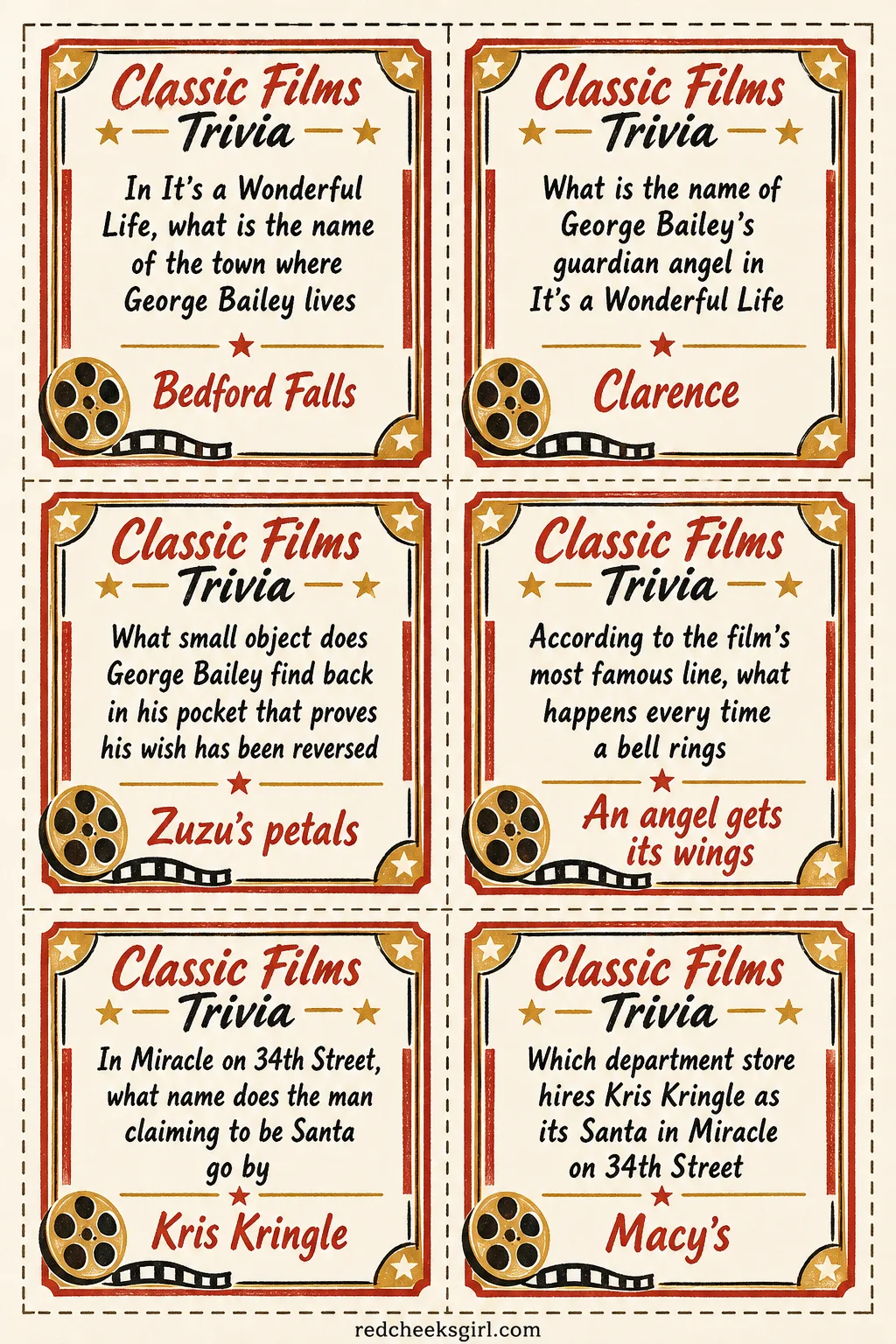 Classic Films Trivia Cards (Sheet 1) printable sheet. Christmas movie trivia