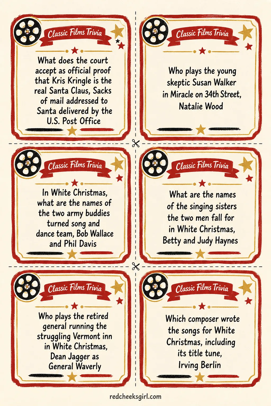 Classic Films Trivia Cards (Sheet 2) printable sheet. Christmas movie trivia