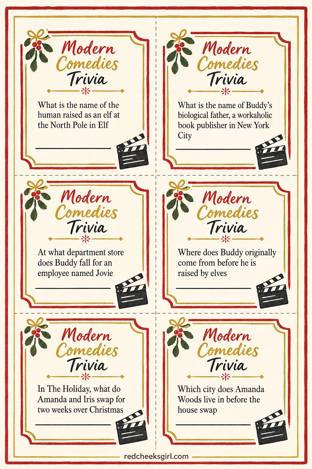 Modern Comedies Trivia Cards (Sheet 1) printable sheet. Christmas movie trivia