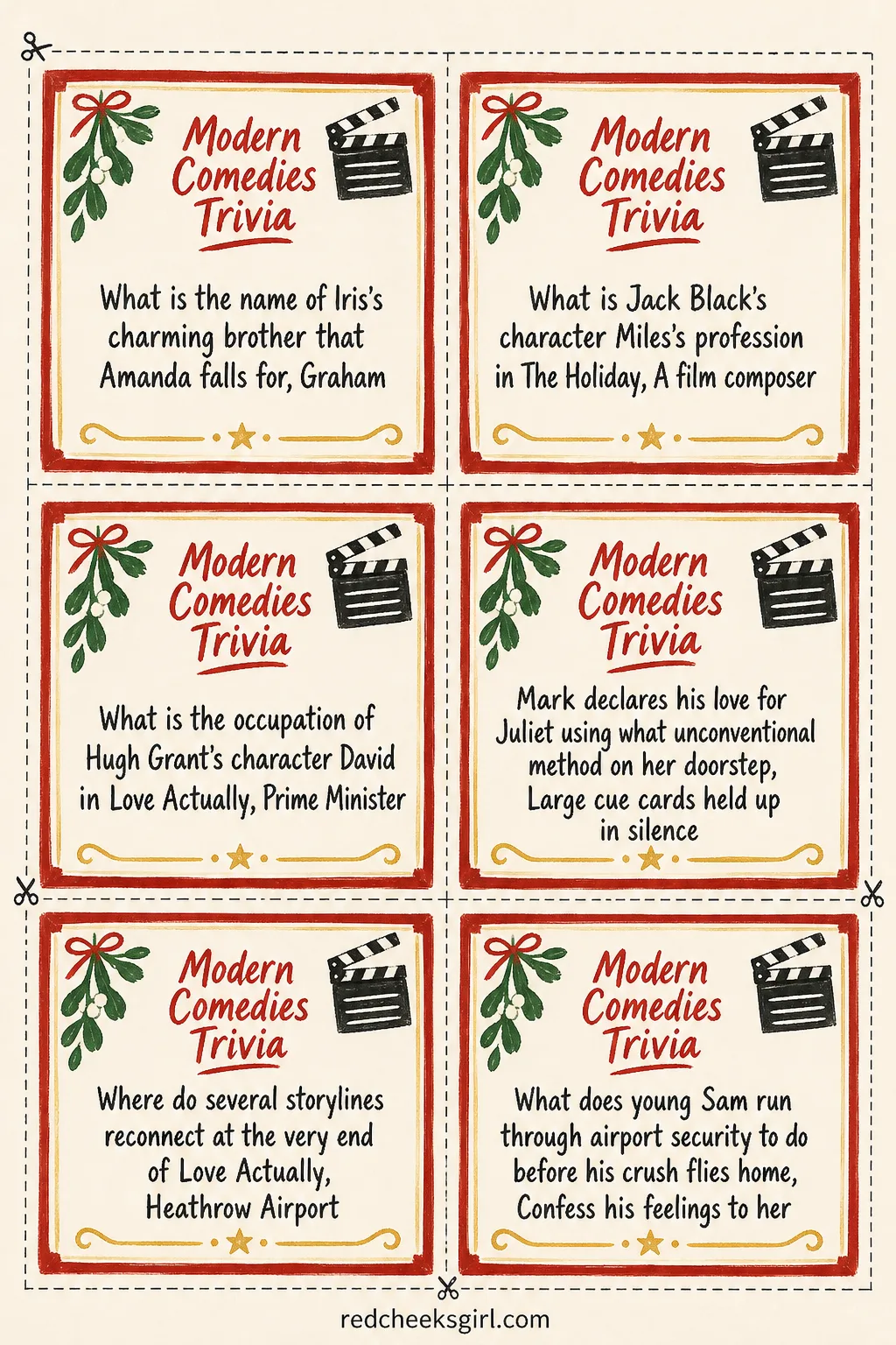 Modern Comedies Trivia Cards (Sheet 2) printable sheet. Christmas movie trivia