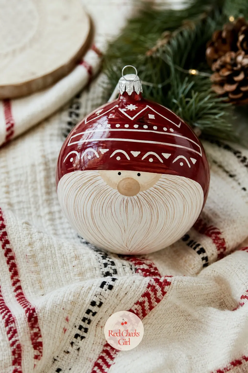 Bearded Gnome Face Ball — Brick-red for the pointed hat, cream for a beard painted in loose overlapping strokes, a smudge of dusty pink for cheeks: this is the