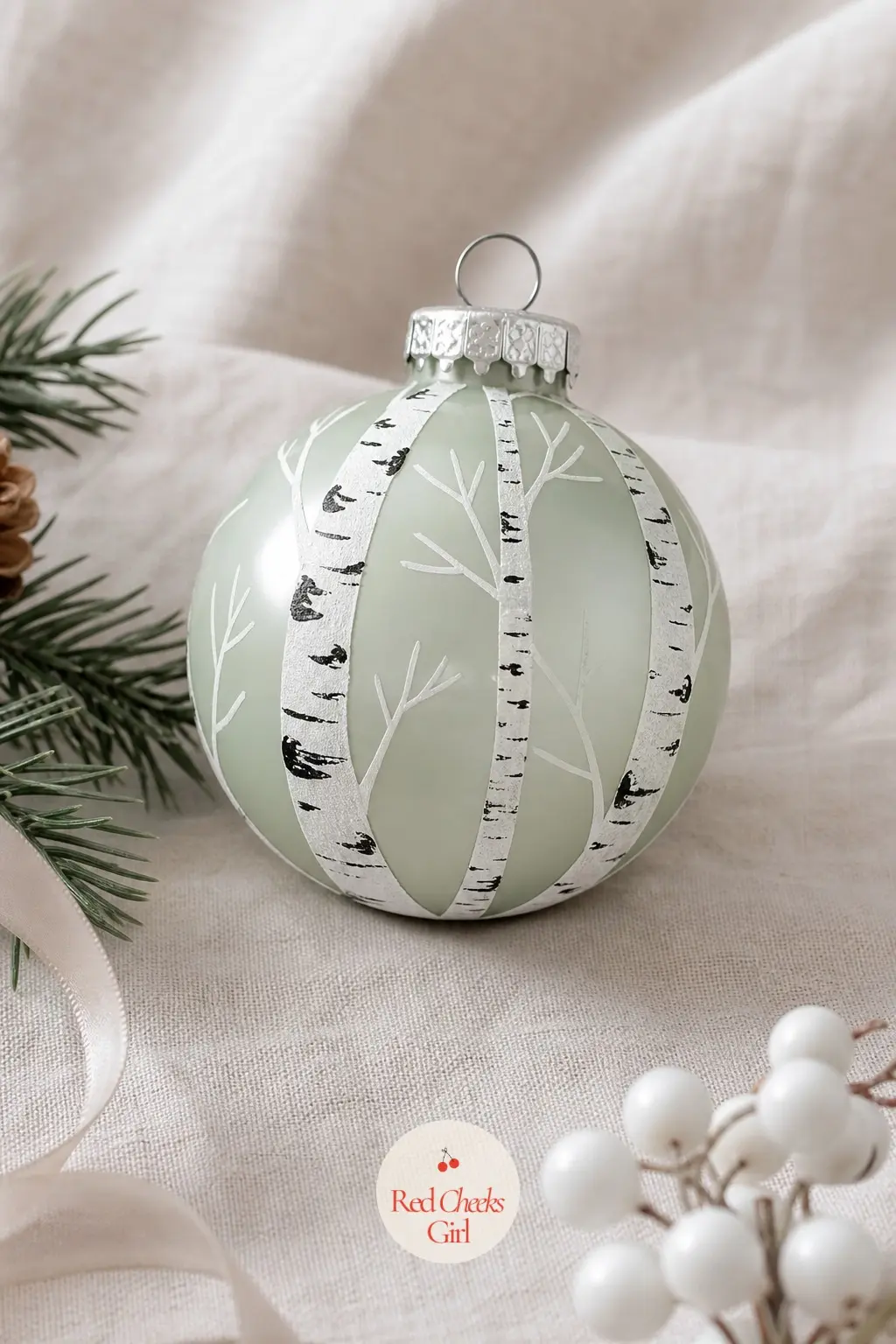 Birch Tree Silhouette Ball — Pale sage green covers the ball first, then two or three birch trunks go on in off-white with short black horizontal dashes for