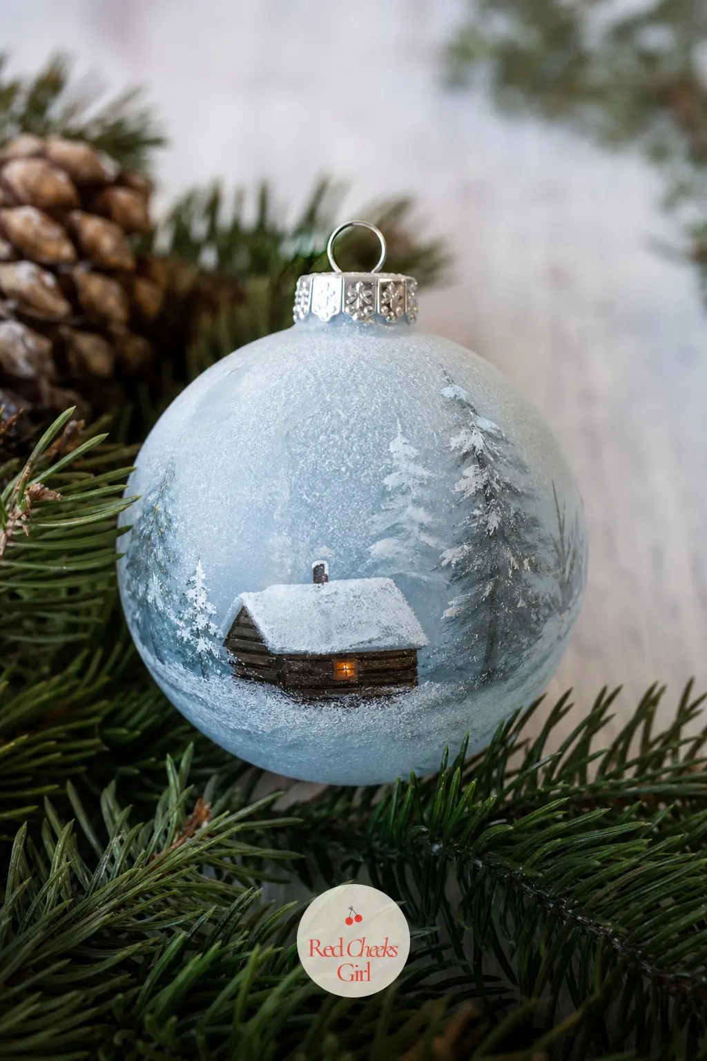 Frosted Cabin Snow Globe Ball — She wants an ornament that looks like it has weather inside it. Christmas ornament painting ideas