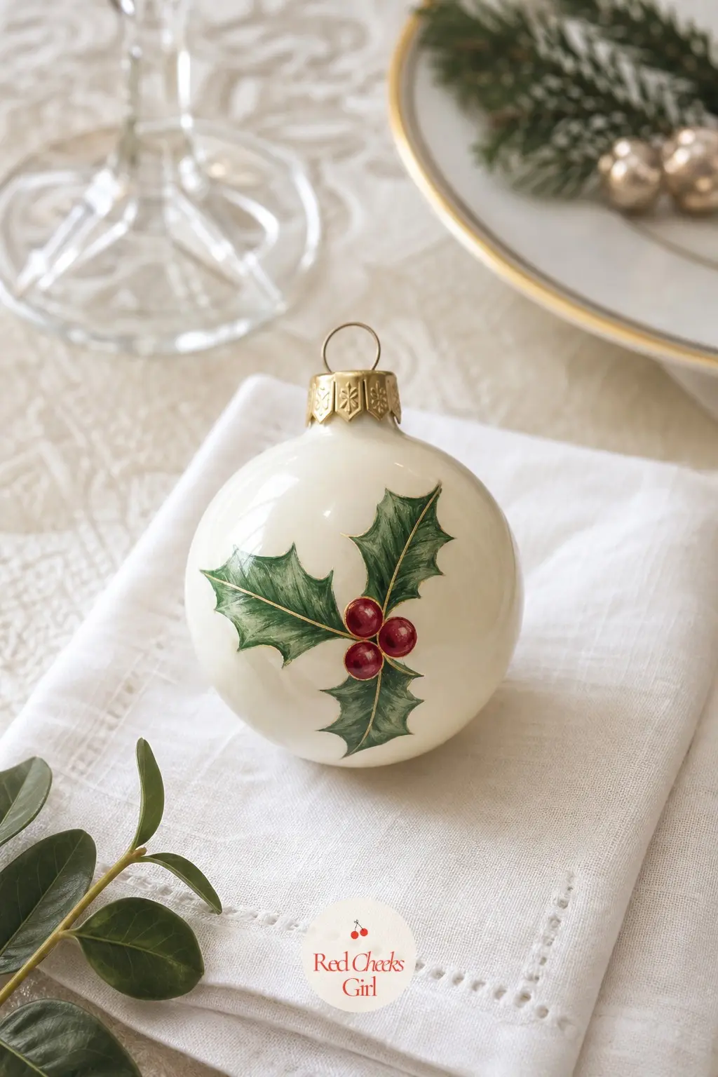 Holly Berry Sprig Ball — Cream base, then a loose sprig of holly green leaves painted in two quick strokes each, finished with three small cherry-red dots