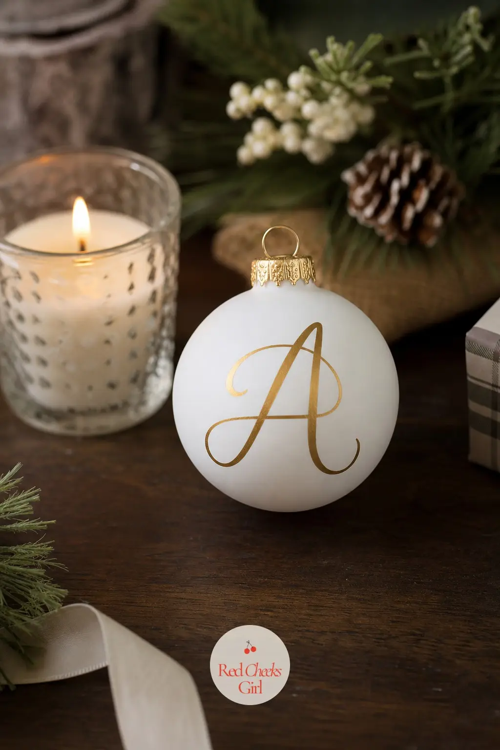 Monogram Calligraphy Ball — Matte white base, one gold-scripted initial in the centre, nothing else. Christmas ornament painting ideas