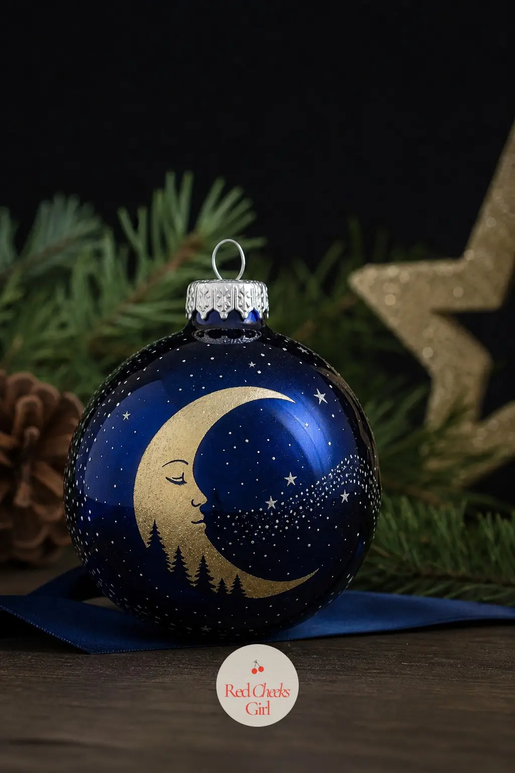 Moon and Star Silhouette Ball — Deep indigo covers the whole ball first, left to dry completely, then a single pale gold crescent moon goes near the top with a