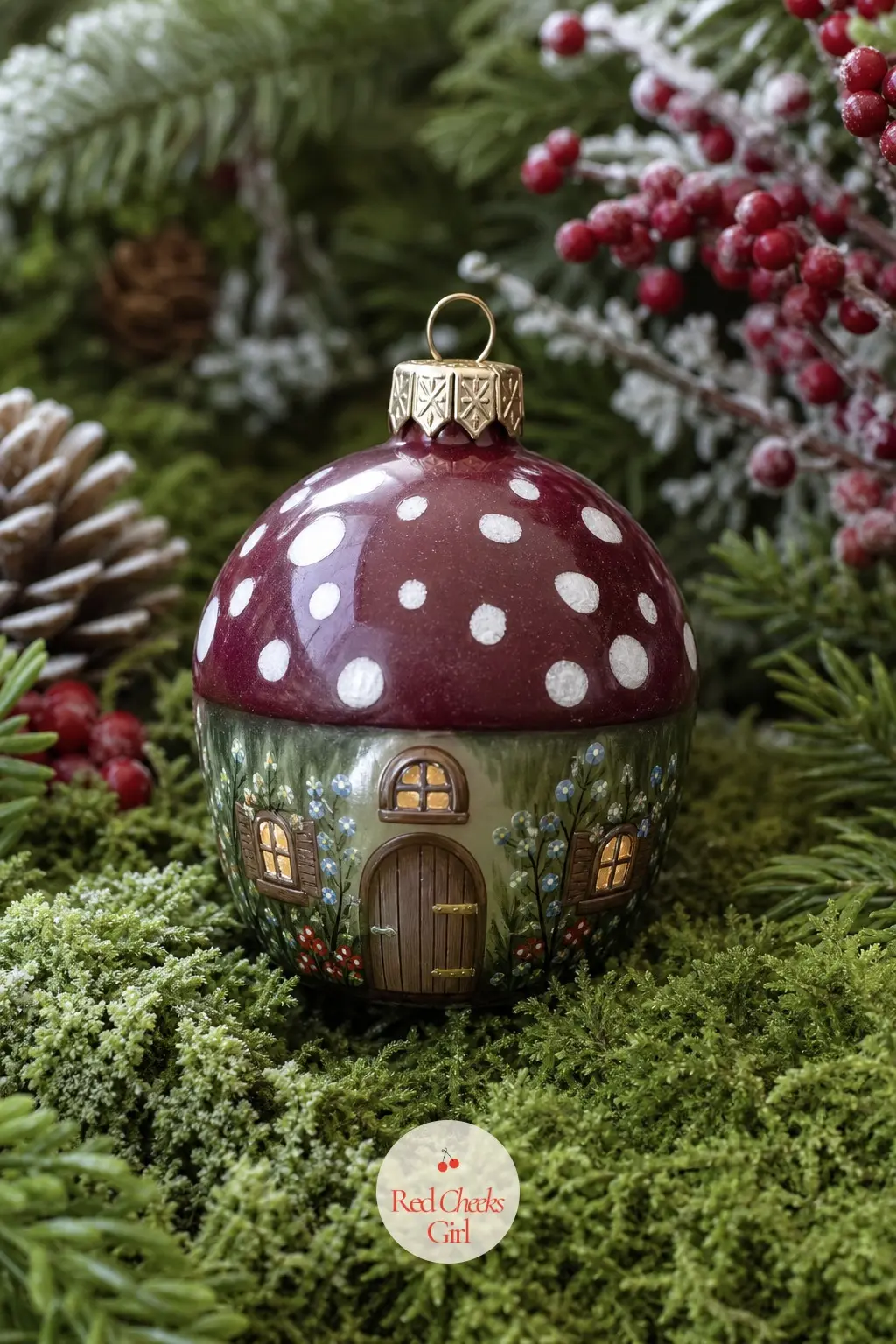 Mushroom Gnome House Ball — A burgundy cap dotted in white sits over a mossy green base with a tiny gold window cut into it, the ornament version of a
