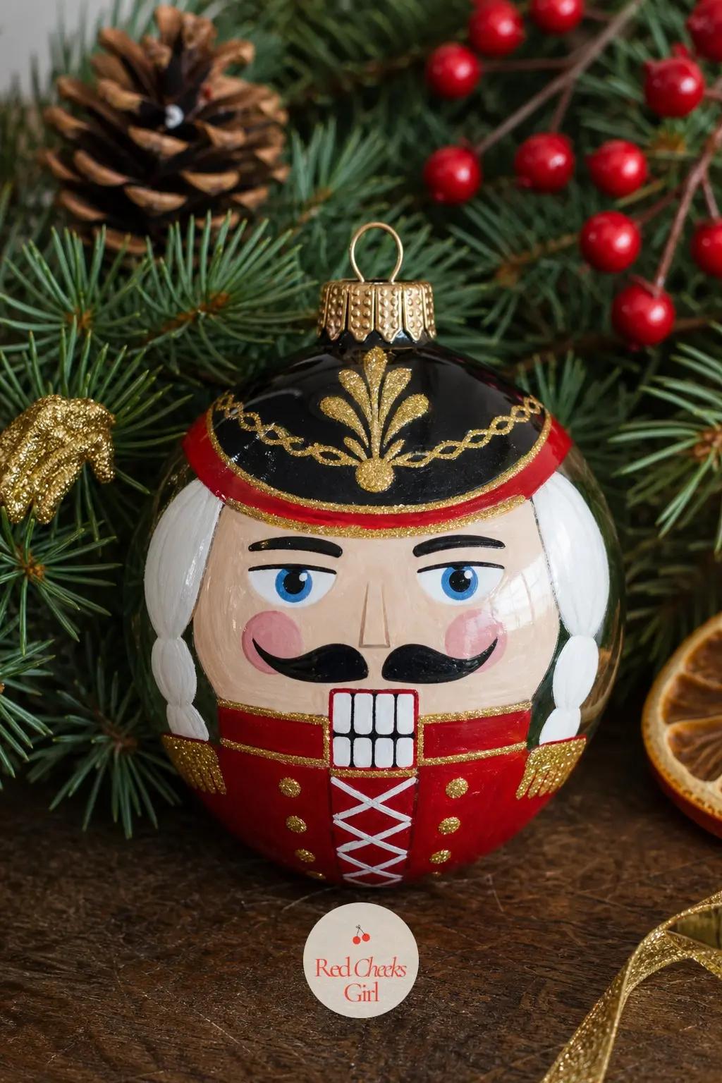 Painted Nutcracker Soldier Ball — Navy coat, gold braid, cherry-red cheeks: the classic nutcracker colours translate onto a round glass ball more easily than
