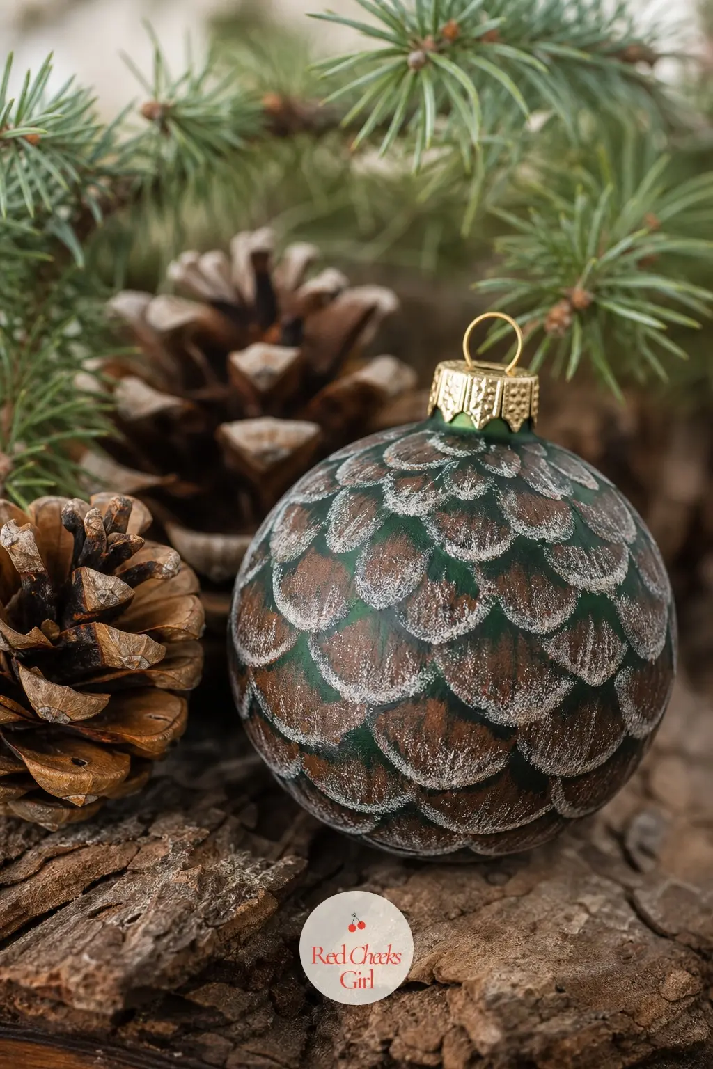 Pinecone Texture Ball — Deep forest green base, then warm brown scales built up in short overlapping strokes with a stiff brush to mimic a pinecone's layered