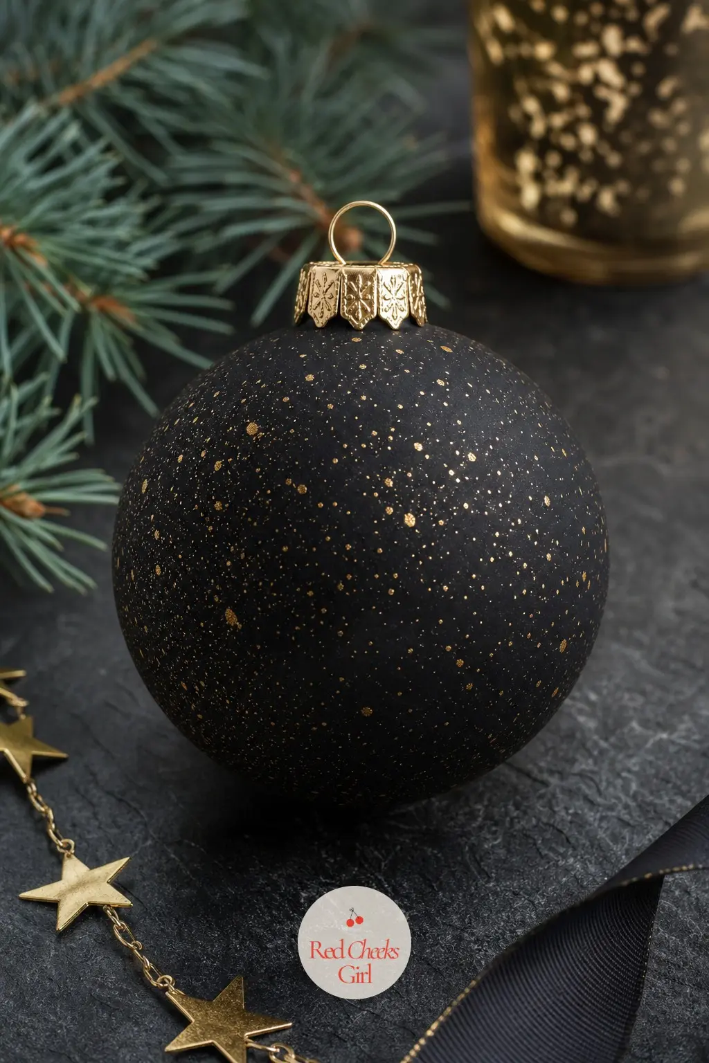 Speckled Splatter Ball — Matte black base, then gold paint flicked off an old toothbrush across the surface in a fine, uneven spray. Christmas ornament