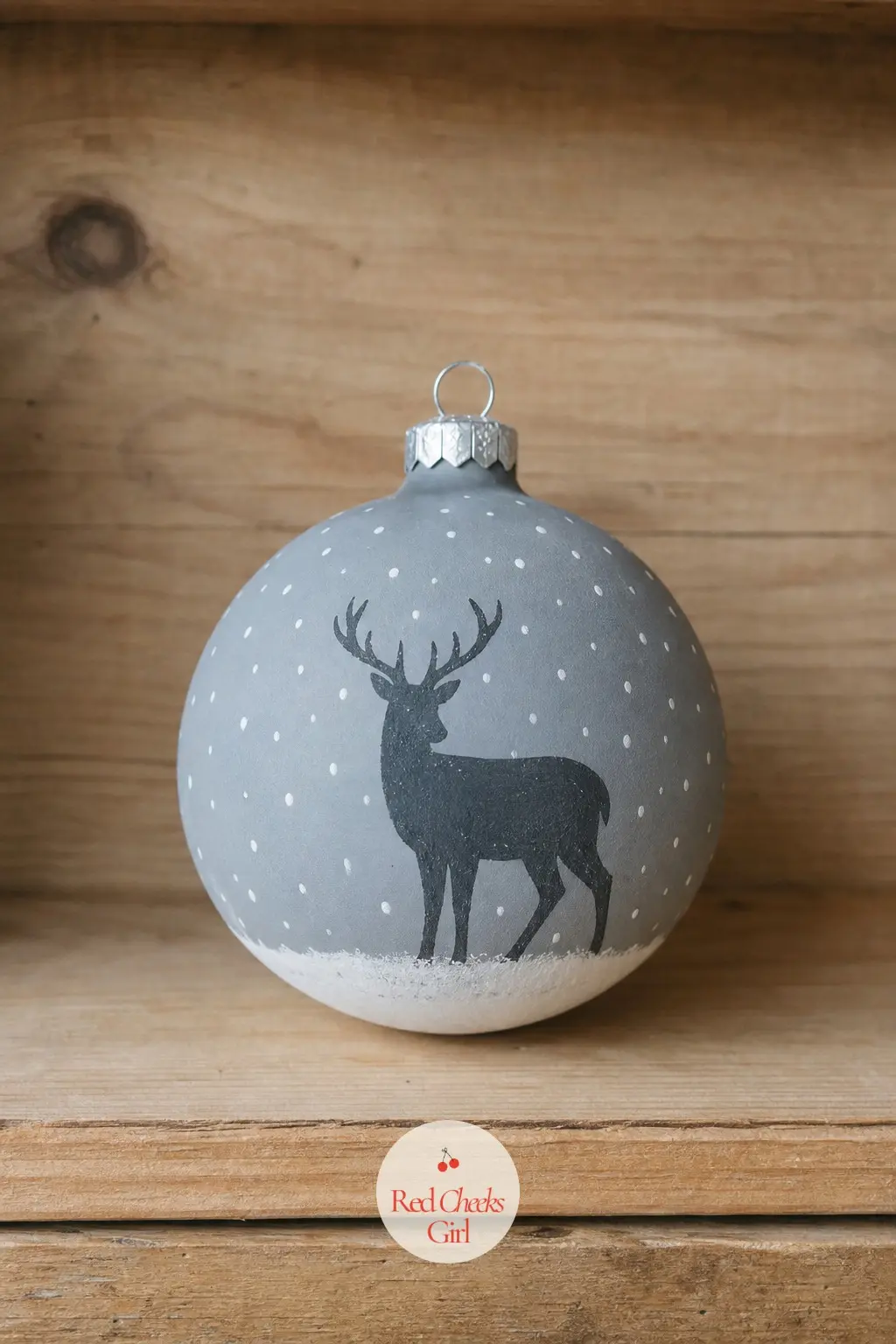 Woodland Deer in Snowfall Ball — A slate grey wash over the glass, then a single deer silhouette in flat charcoal standing in a drift of white dots. Christmas