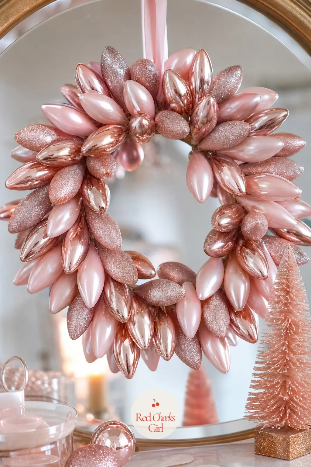 The Blush Pink and Rose Gold Teardrop Wreath for the Vanity Mirror — Teardrop ornaments hang narrower than a round ball, which means a slimmer wreath suits a