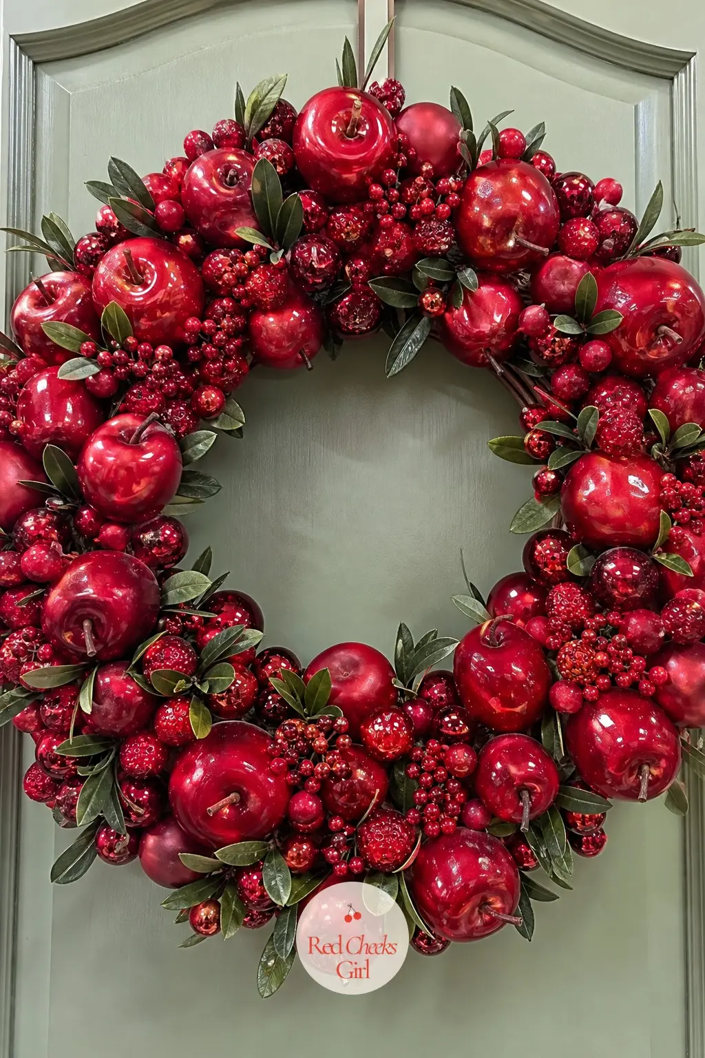 The Candy Apple Red Fruit Shaped Ornament Wreath for the Kitchen Pantry — Apple and berry shaped ornaments in candy apple red turn the wreath into something