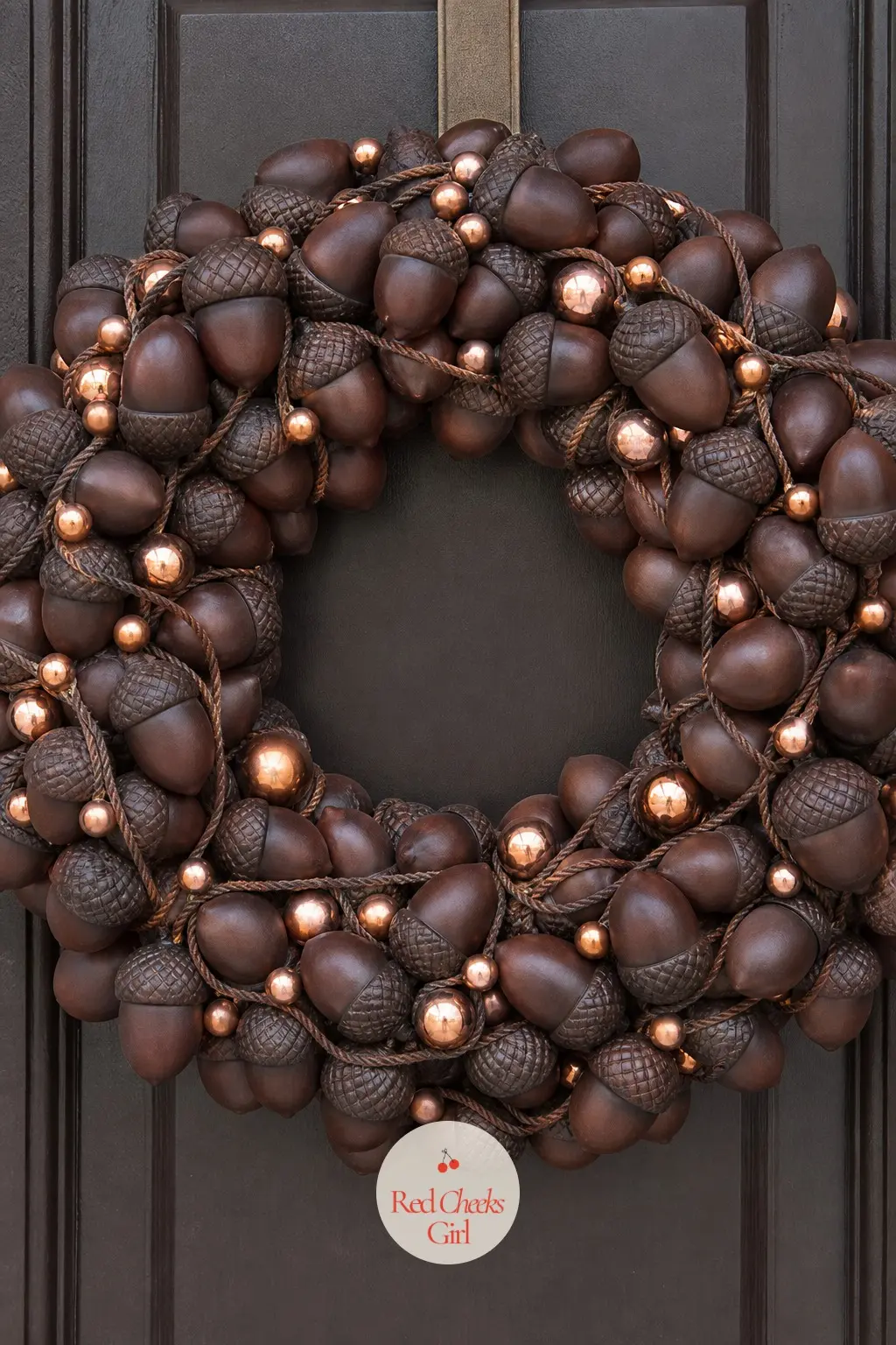 The Chocolate Brown and Copper Acorn Ornament Wreath for the Study Door — Acorn shaped ornaments in chocolate brown paired with plain copper balls give this