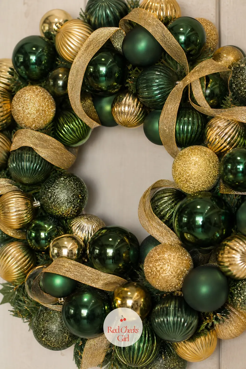 The Deep Green and Gold Glass Ornament Wreath for the Foyer — Deep emerald glass against warm gold is the pairing that reads as christmas from across a room