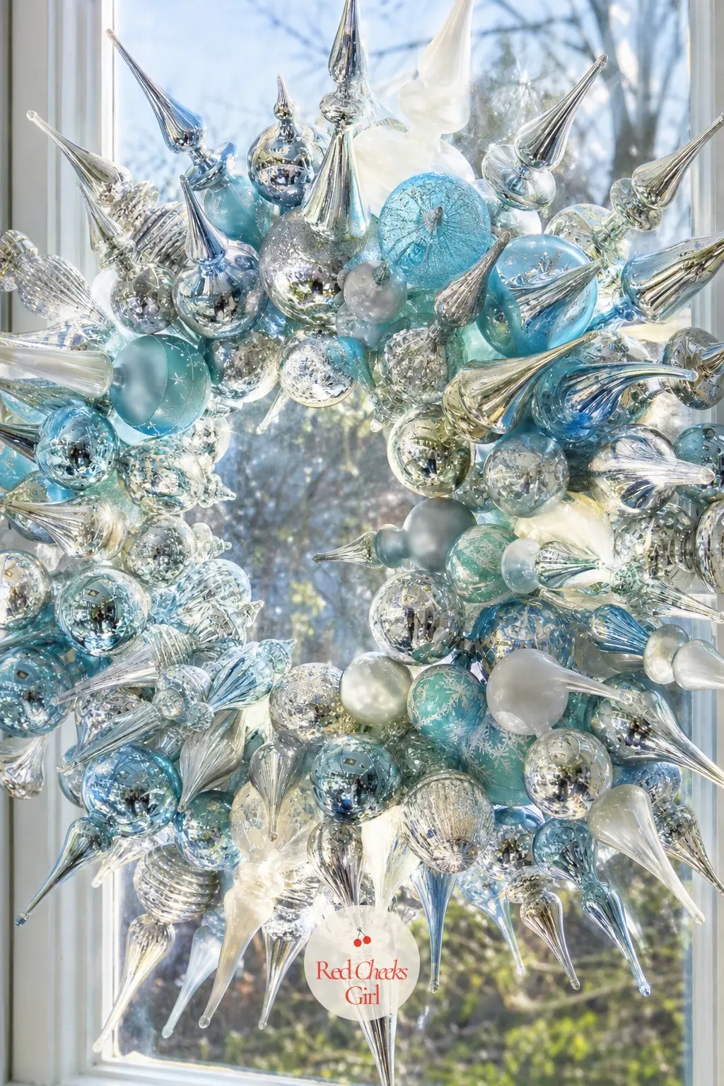 The Icy Blue and Silver Finial Wreath for the Sunroom — Finial and icicle shaped ornaments in icy blue and silver suit a sunroom because the cool palette