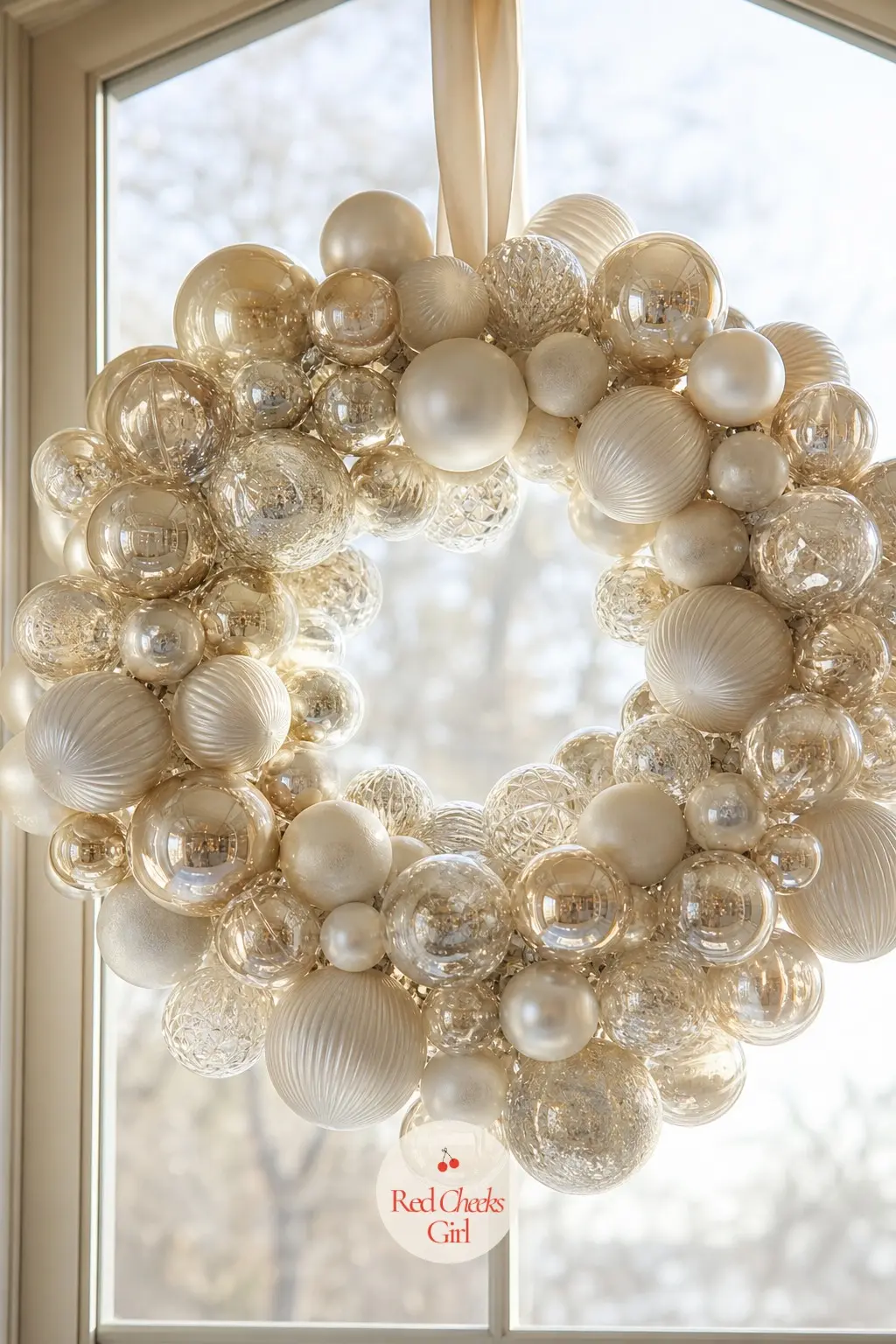 The Ivory and Champagne Glass Ball Wreath for the Dining Room Window — Ivory matte balls sit next to champagne glossy ones, a pairing soft enough to hang