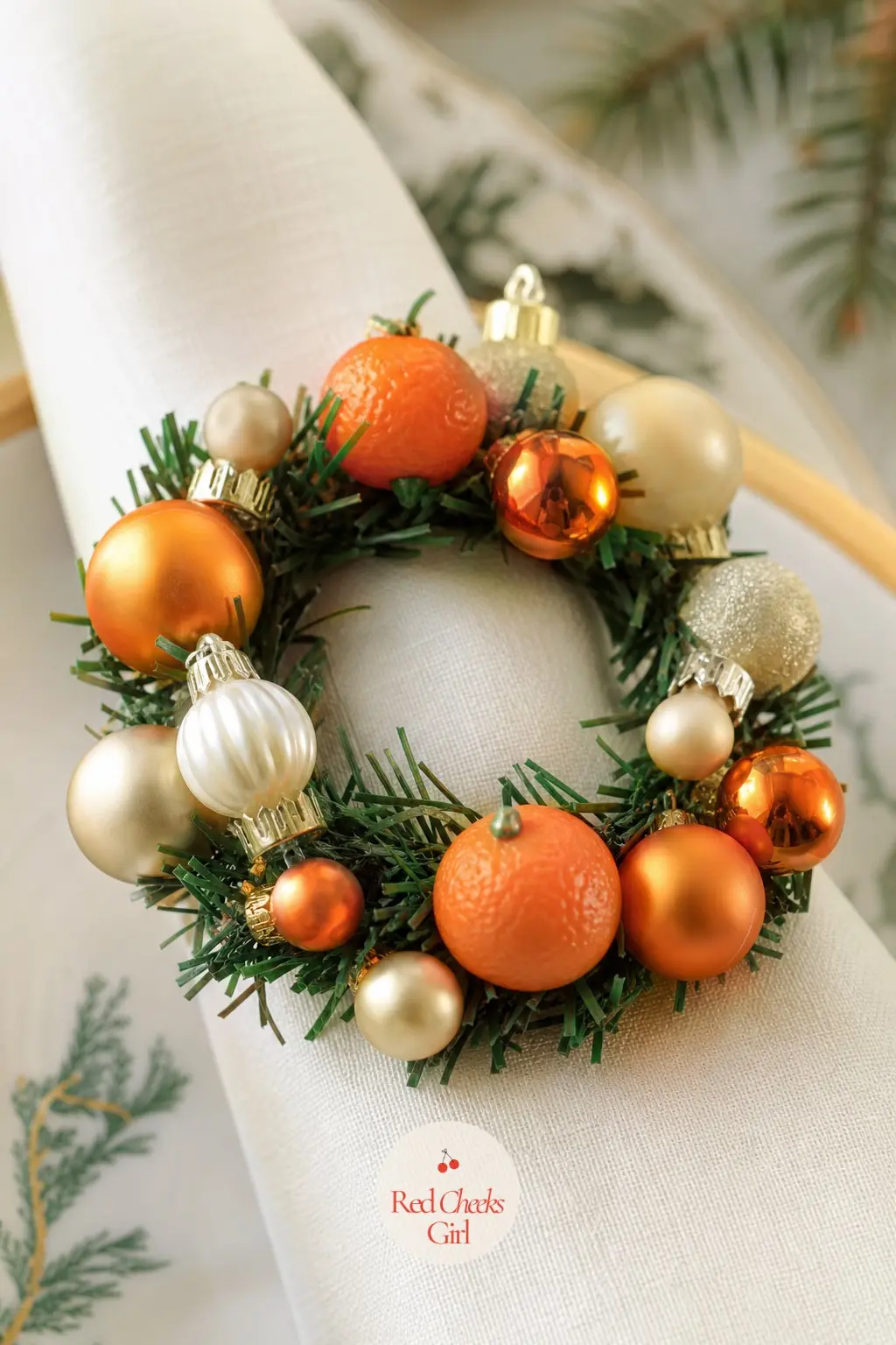 The Miniature Citrus and Cream Ornament Wreath for the Napkin Ring — Scaled down to napkin ring size, tiny orange and cream ball ornaments wrap around a rolled