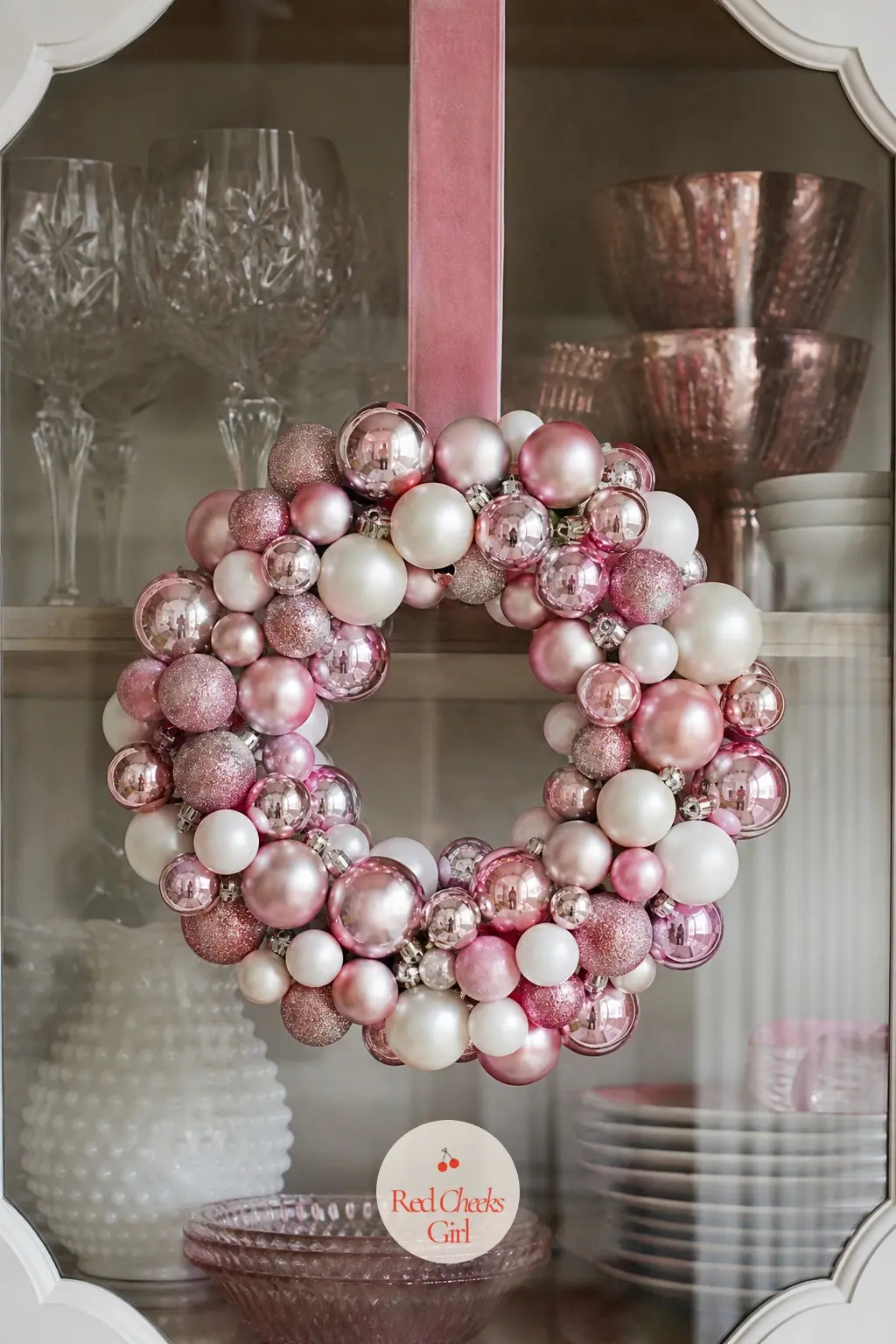The Peppermint Pink and White Mini Bauble Wreath for the Cabinet Door — Shrink the ornament wreath down to six inches and it suits a glass cabinet door