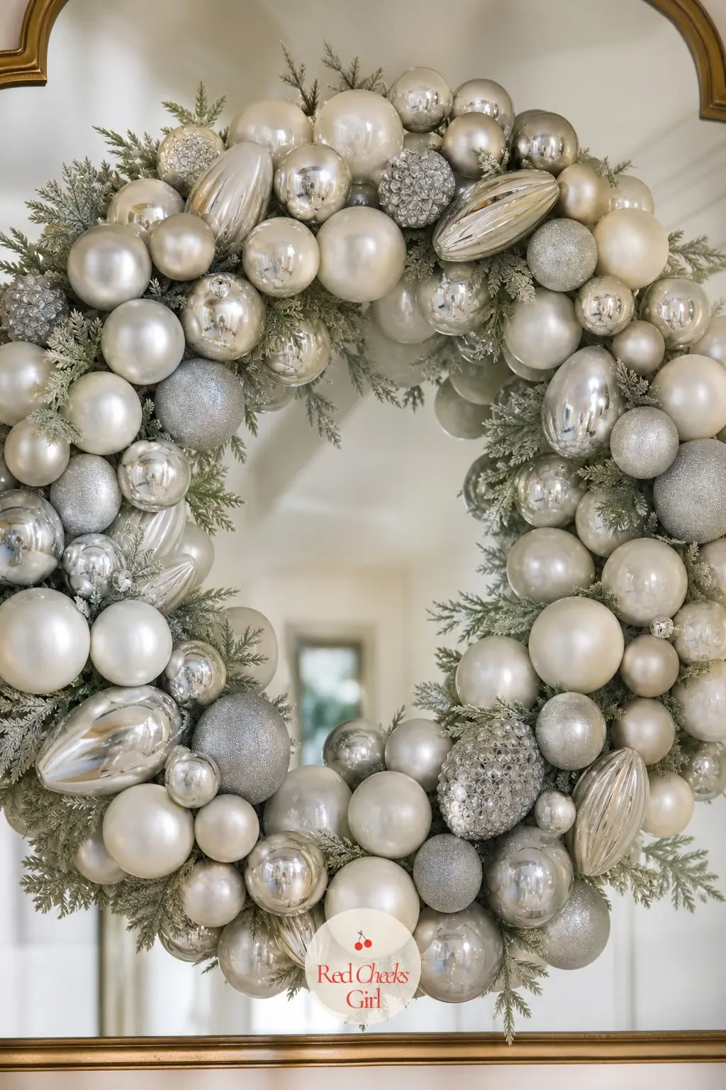 The Platinum and Pearl White Monochrome Wreath for the Hallway Mirror — Mixing platinum glass with a pearl white finish in the same wreath keeps a strict