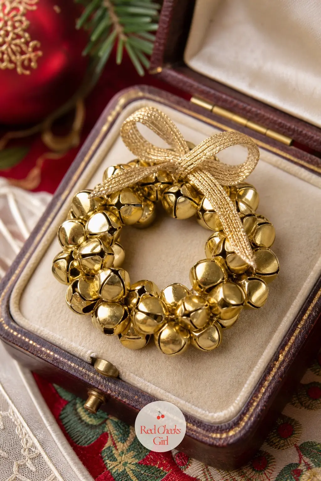 The Tiny Gold Bell Cluster Wreath for the Jewelry Box Lid — A ring of tiny gold bells, no bigger than a thumbnail each, sits on the open lid of a jewelry box