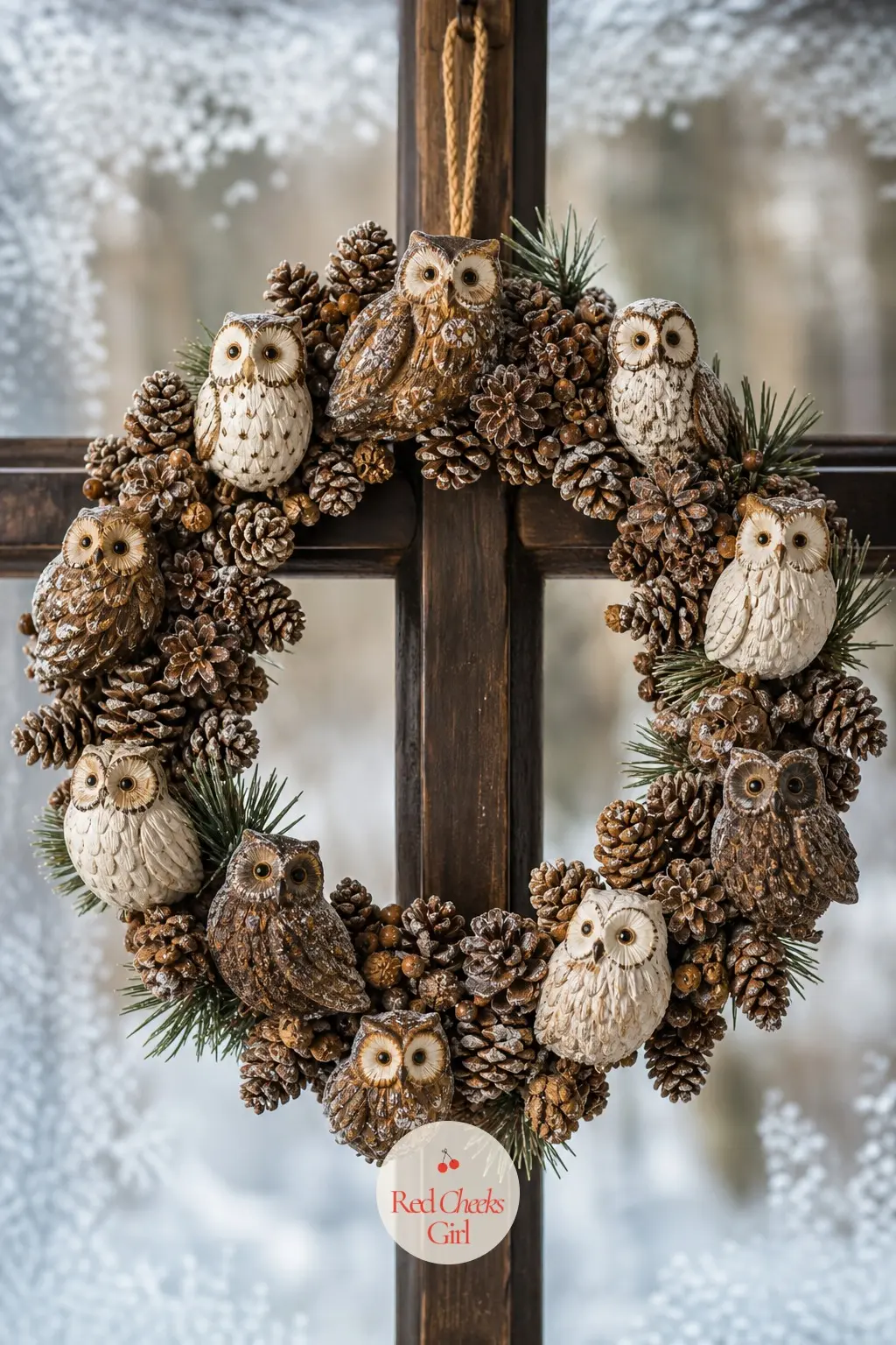 The Woodland Owl and Pinecone Ornament Wreath for the Cabin Window — Owl shaped ornaments in brown and cream, clustered with small pinecone ornaments, suit a