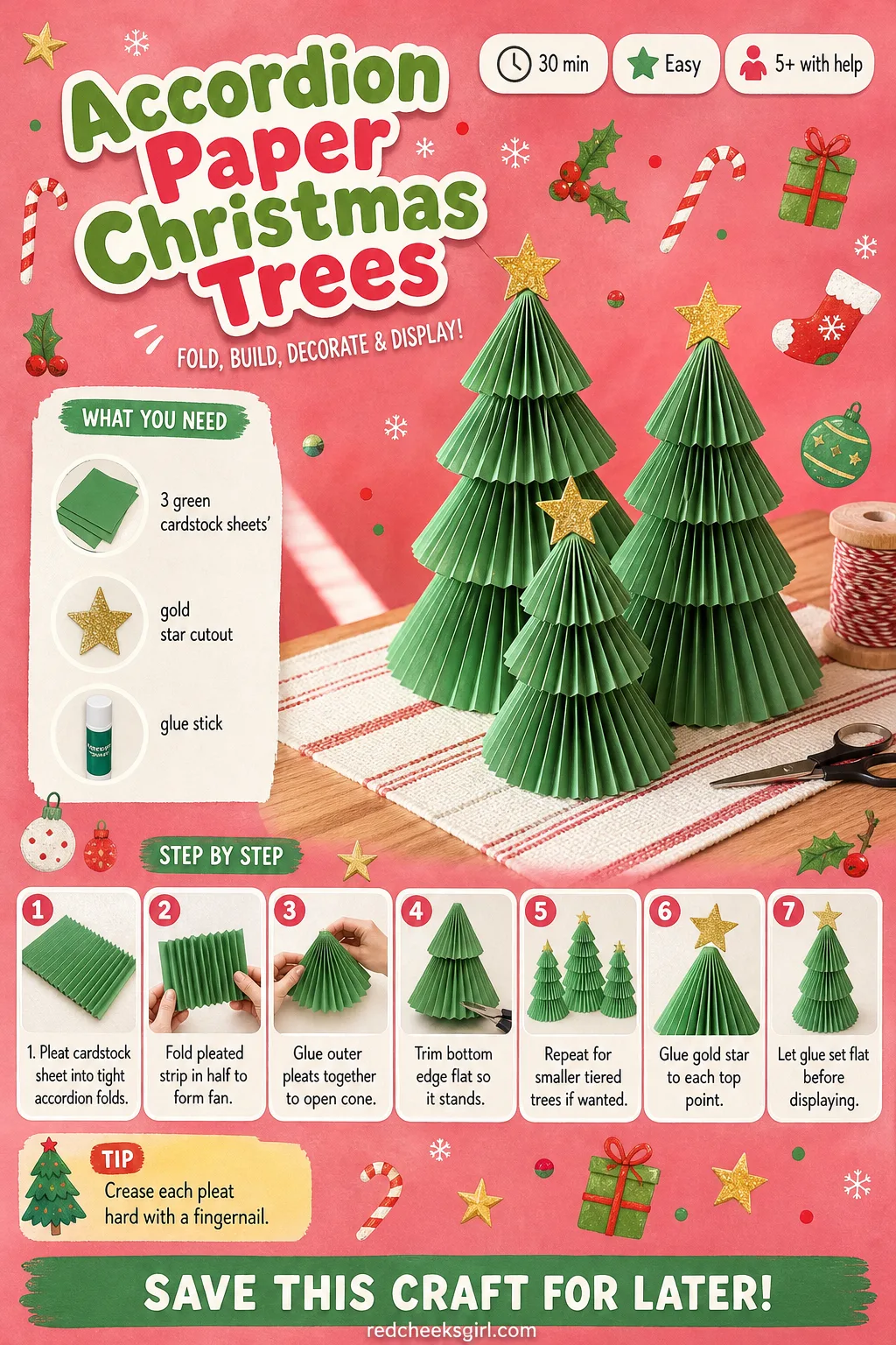 Accordion Paper Christmas Trees Craft Card printable sheet. Christmas paper crafts