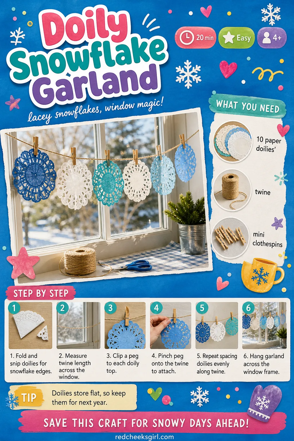 Doily Snowflake Garland Craft Card printable sheet. Christmas paper crafts