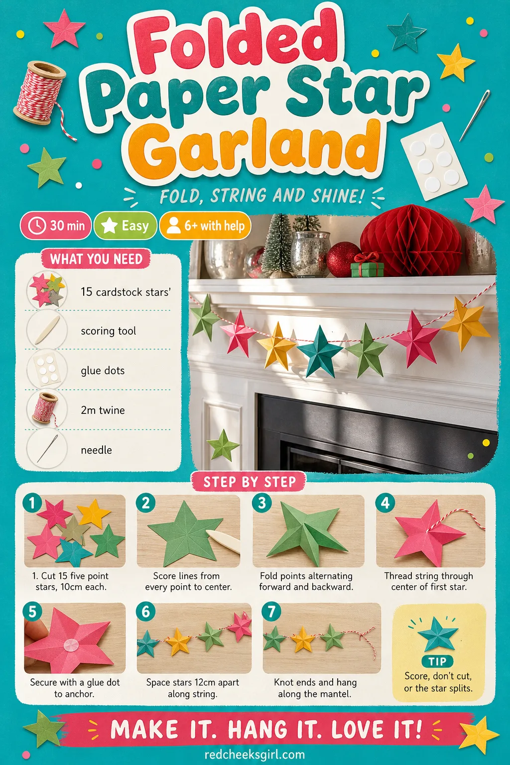 Folded Paper Star Garland Craft Card printable sheet. Christmas paper crafts